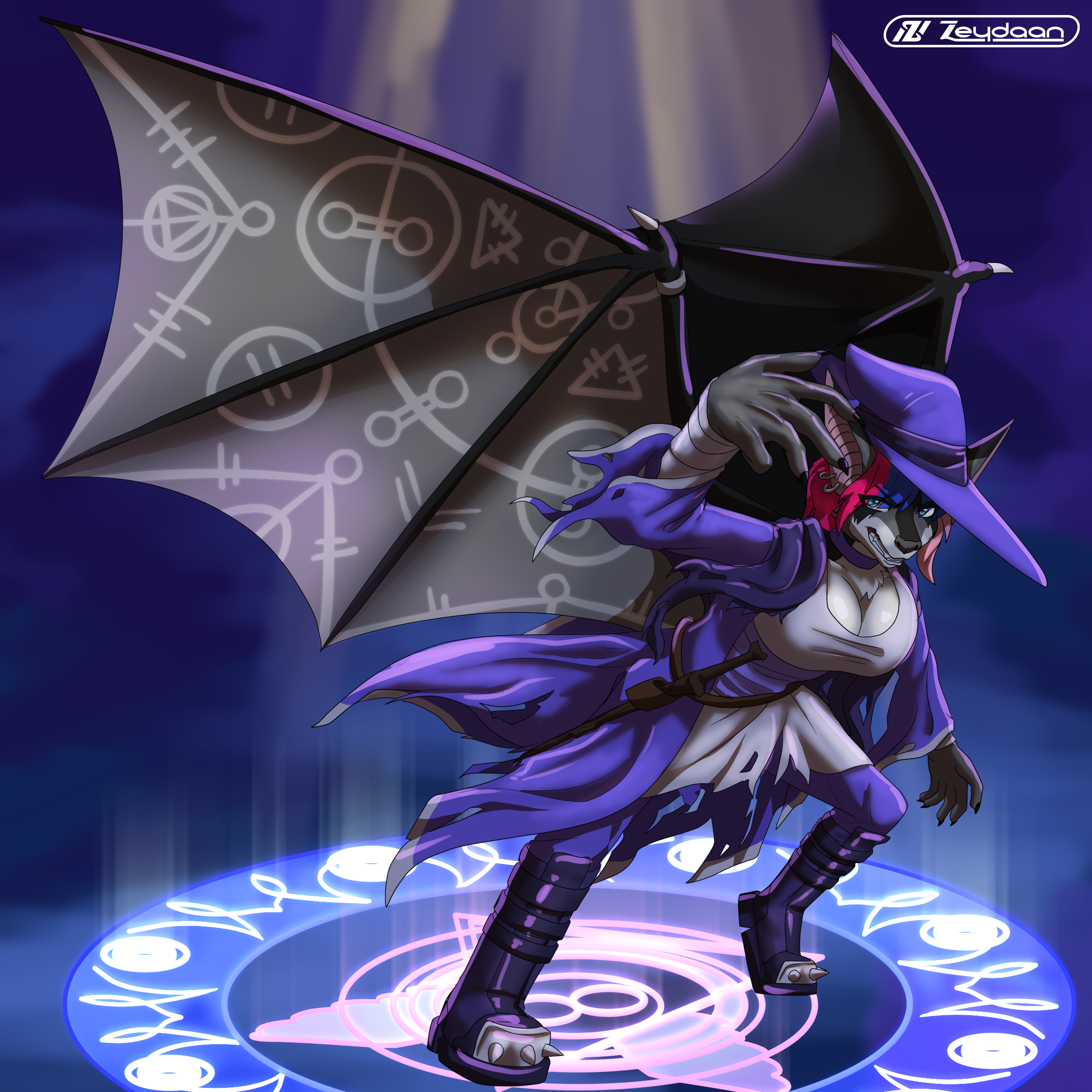 Twi Lux as a witch, casting an arcane sign with sigils across her wings.