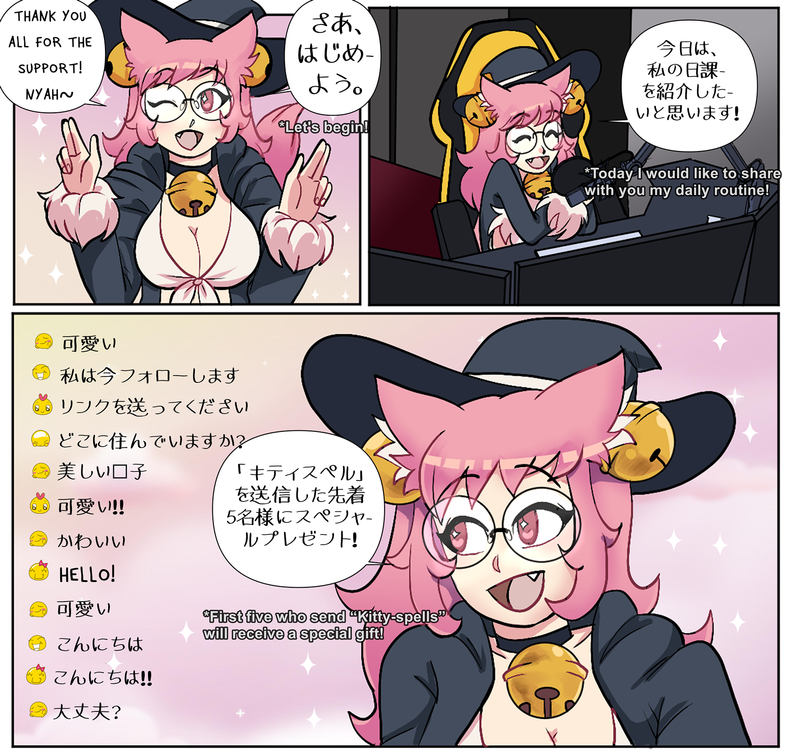 Zeydaan completely turned into Zeda-chan "Thank you all for the support Nya! Let's begin" "TOday I would like to share with you my daily routine!" "First five who send 'Kitty-spells' will receive a special gift!"
