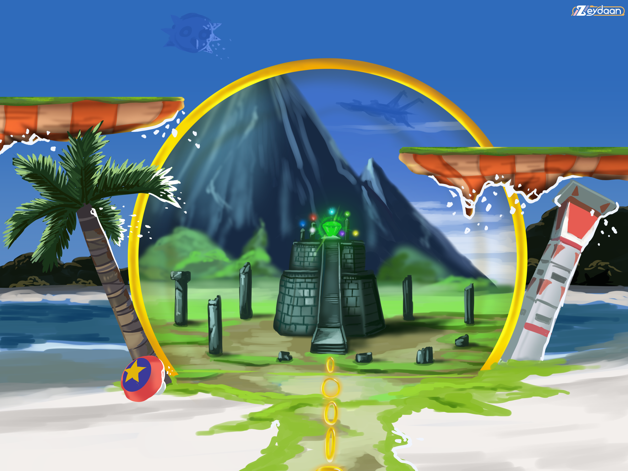 A crossworlds portal opens, with the master emerald turning earth into mobius, grassland and platforms forming