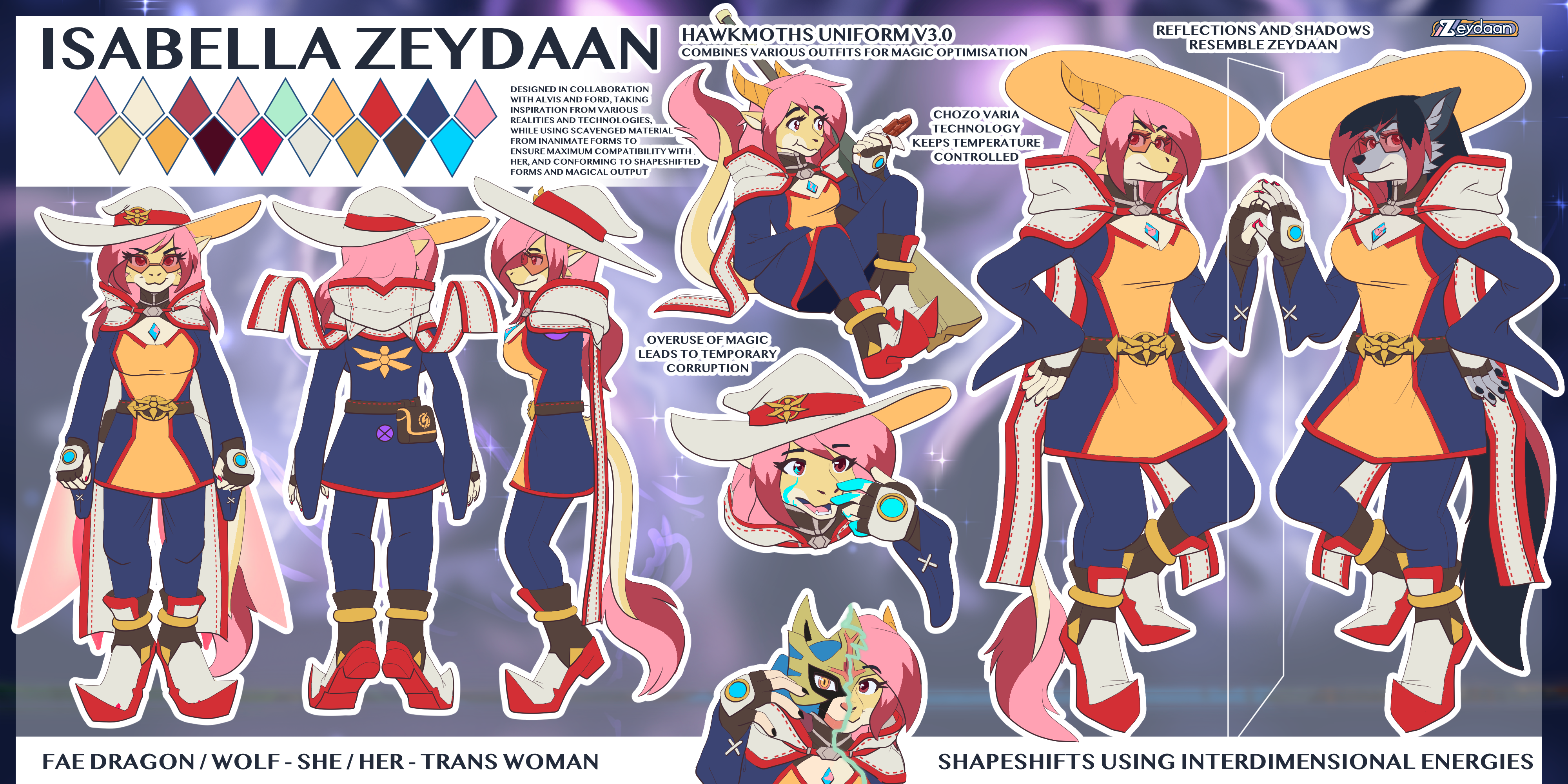 Reference sheet of Isabella Zeydaan, a shapeshifter transgender fae dragon-wolf wearing a Witch-like, composite outfit, with Nia's hood, Shadow's shoes and a robe like outfit with a Hawkmoth ensignia on the back and a small transformation into a Zacian
