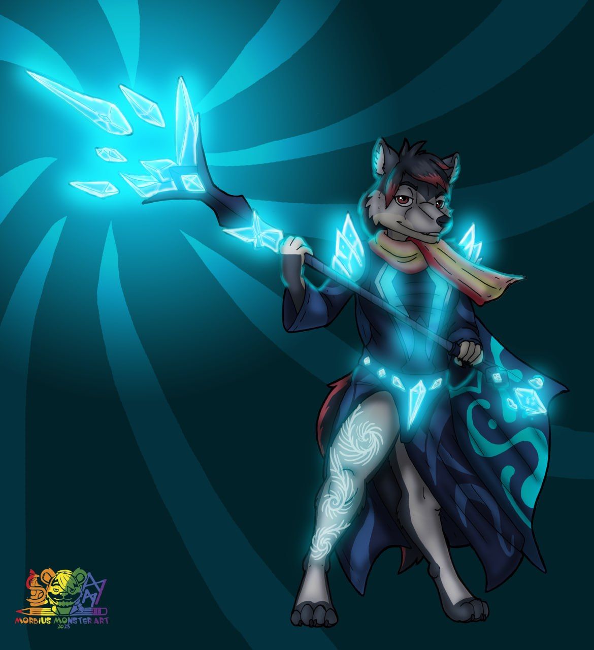 Zeydaan wielding a magical staff, with ice blasting out and growing out of her body and symbols appearing on her body.