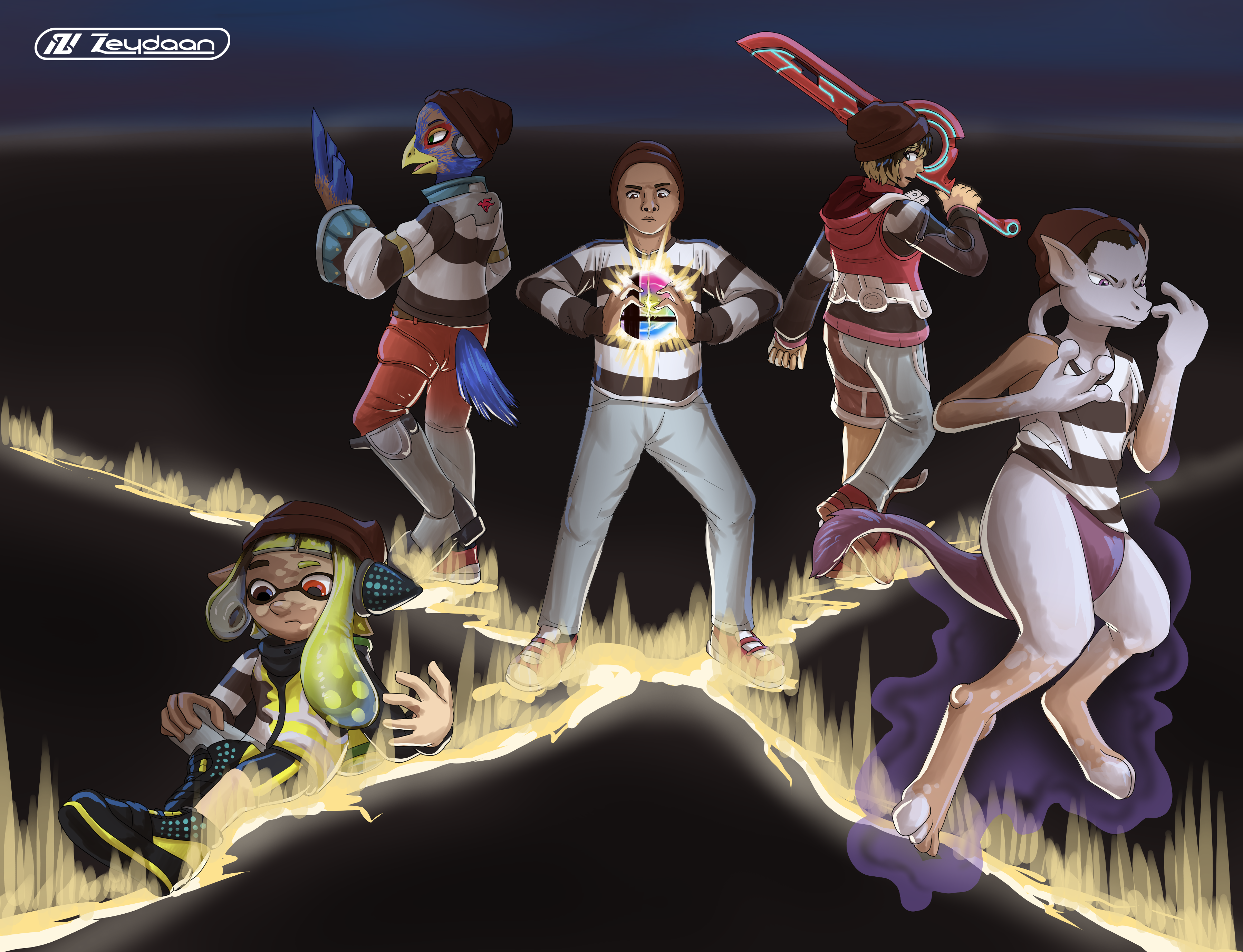 Norami gripping a smash ball, creating a crack on the ground where they become Falco, Shulk, Mewtwo and yellow Inkling girl.