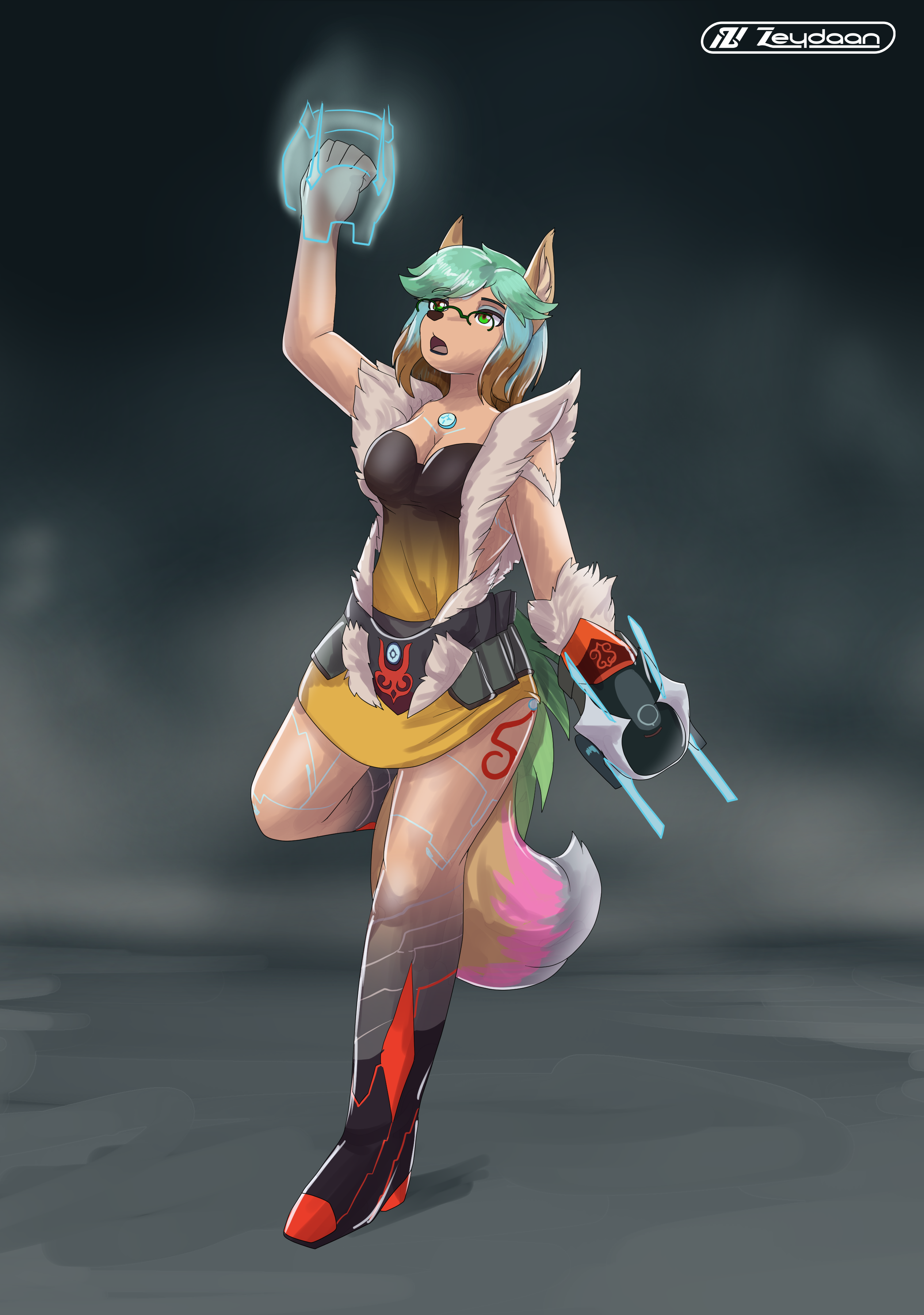 Bianca turning into Nim from Xenoblade 2 with a more anthro design, holding up her new weapons with a shocked expression.