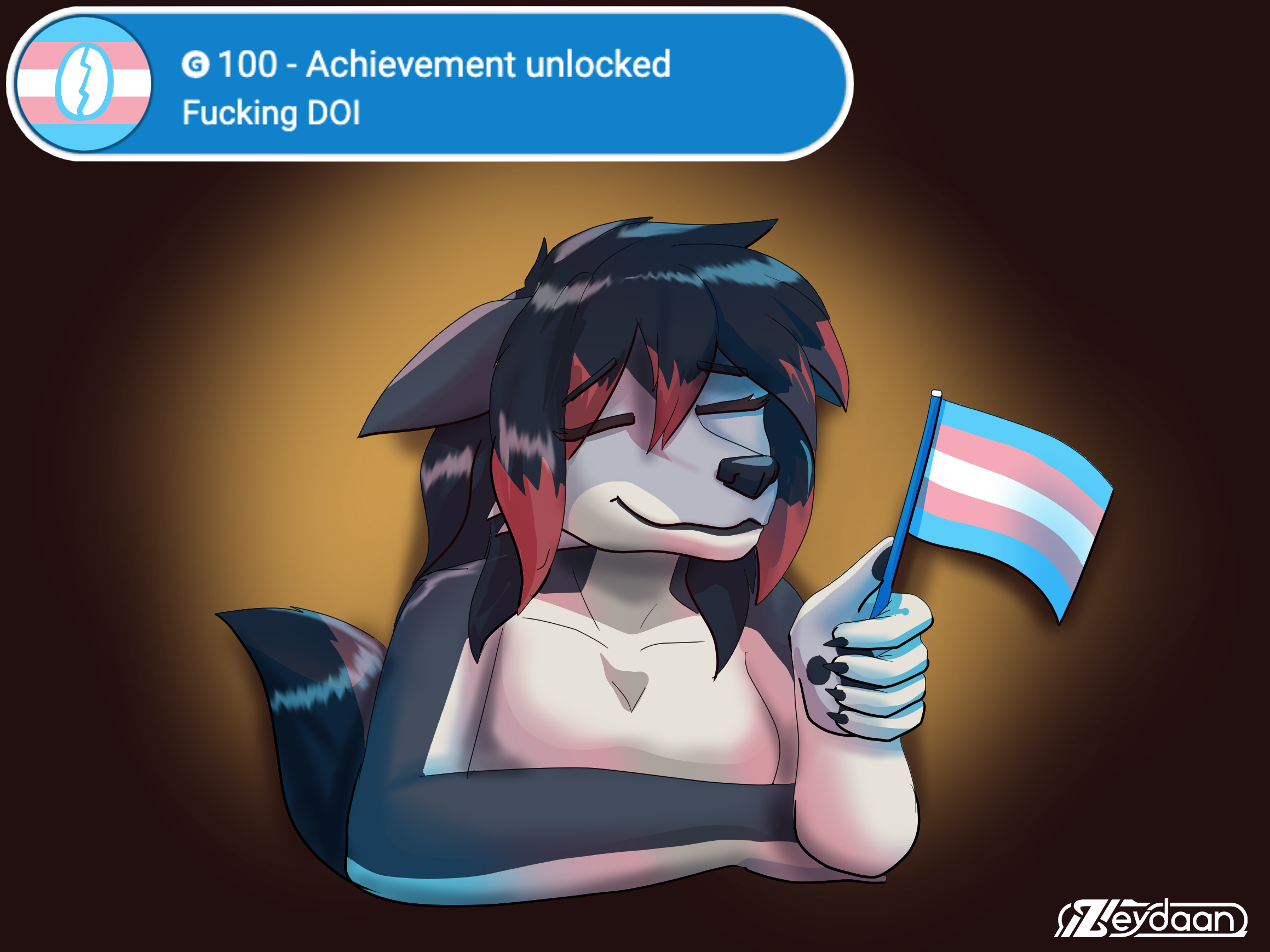 Zeydaan holding a trans pride flag, lit in those colours. "Achievement Unlocked: Fucking Doi"