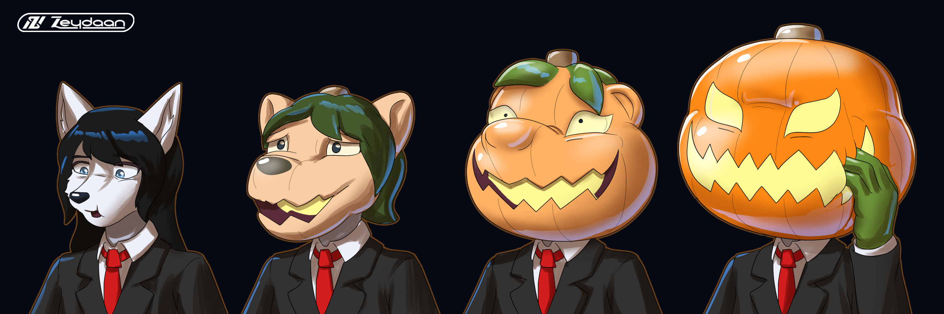 Julius the fox having their head swell up into a giant rubber Jack O'Lantern