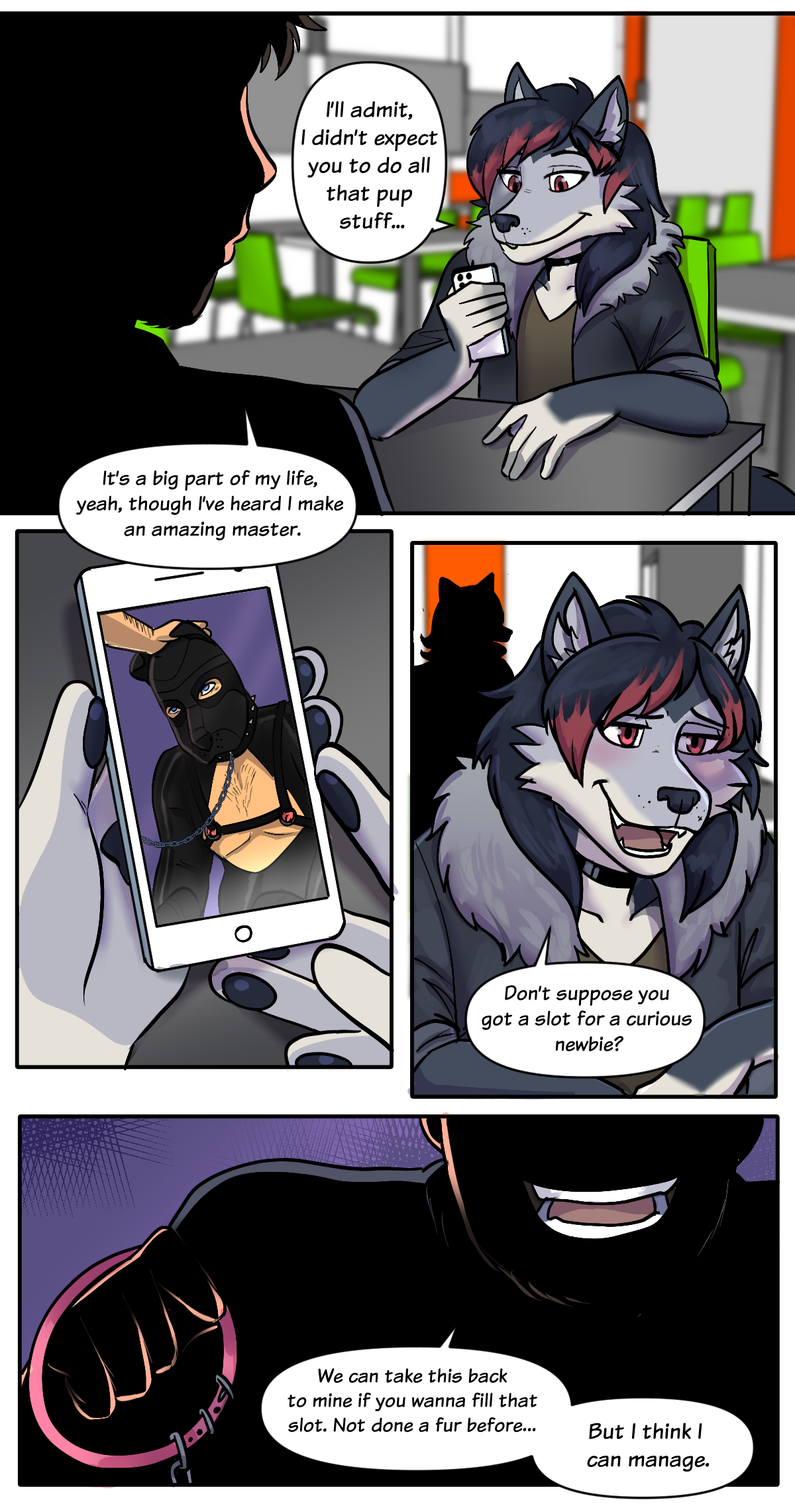 Zeydaan meeting a shadowy human master "I'll admit, I didn't expect you to do all that pup stuff.." "It's a big part of my life, yeah, though I've heard I make an amazing master." "Don't suppose you got a slot for a curious newbie?" "We can take this back to mine if you wanna fill that spot. Not done a fur before... But I think I can manage."
