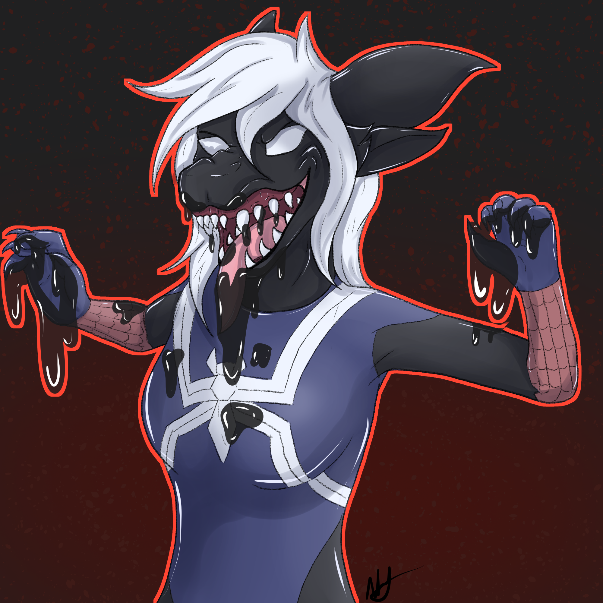 Isabella Athena revealing her symbiote smile and goopy residue