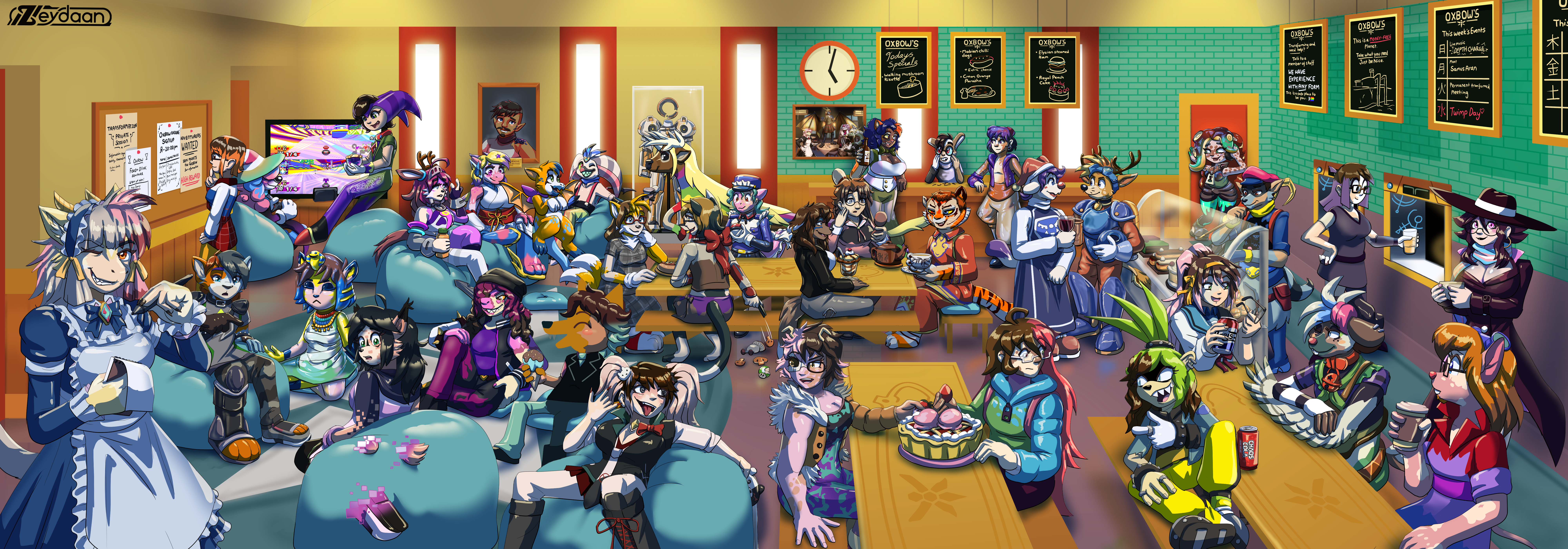 A massive group picture of Oxbows cafe, a maid cafe for people to become their idealised form. A massive group picture of Oxbows cafe, a maid cafe for people to become their idealised form. With Zeydaan becoming Nia, Ralf becoming Brynn, Crim into Saki, Dim into Vivian, Pix into NiGHTs, Helix into Ankha, Terrance into Junko, Mio to Nicole, Jules into Susie, Sushi into Lilac, Dell into Lady Rainicorn, Roxanne into Mihono, Dez into Fidget, Foxxy into Tails, Quakie into Izutsumi, Karth into Fizzarolli, Charlotte into Officer Jenny and Jay into Gregg, Drake turning into Mina, Jake into Rita, Marsail into Yomi, Dwars into Lazlo, Azul into Freckle, Gemma into Aladdin, Axiom into Tigress, Clowitty into Toriel, Mira into Madeline, Megan into Surge, Rossy into Sparkster, Roger into Marina, Norami into Sly, Emily into Haruhi, Monkey into Lila, Trevor into Tulin, Agent into Gadget and Mira the witch standing with some Mice Tea