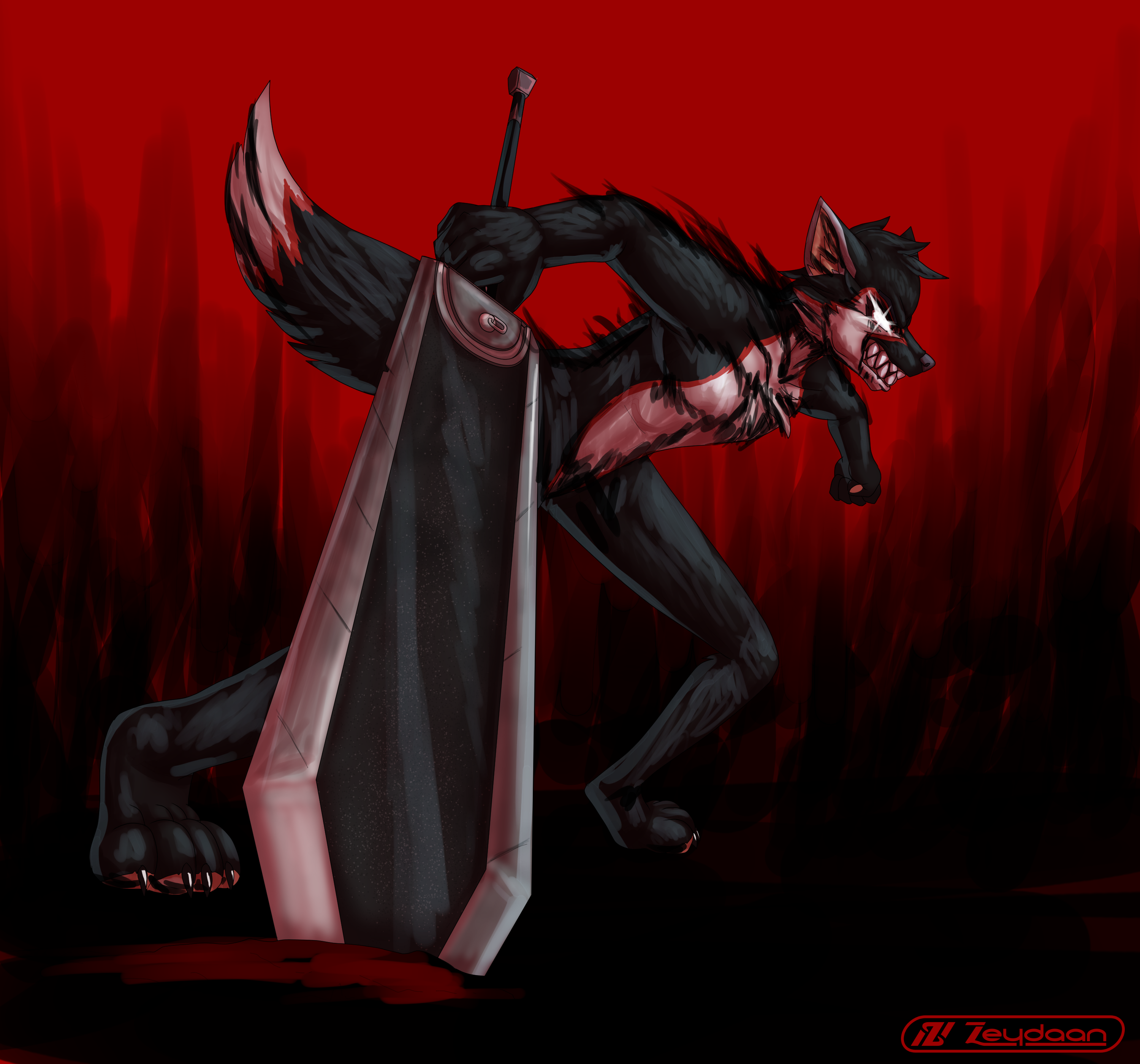 Wolfen snarling menacingly holding a massive sword