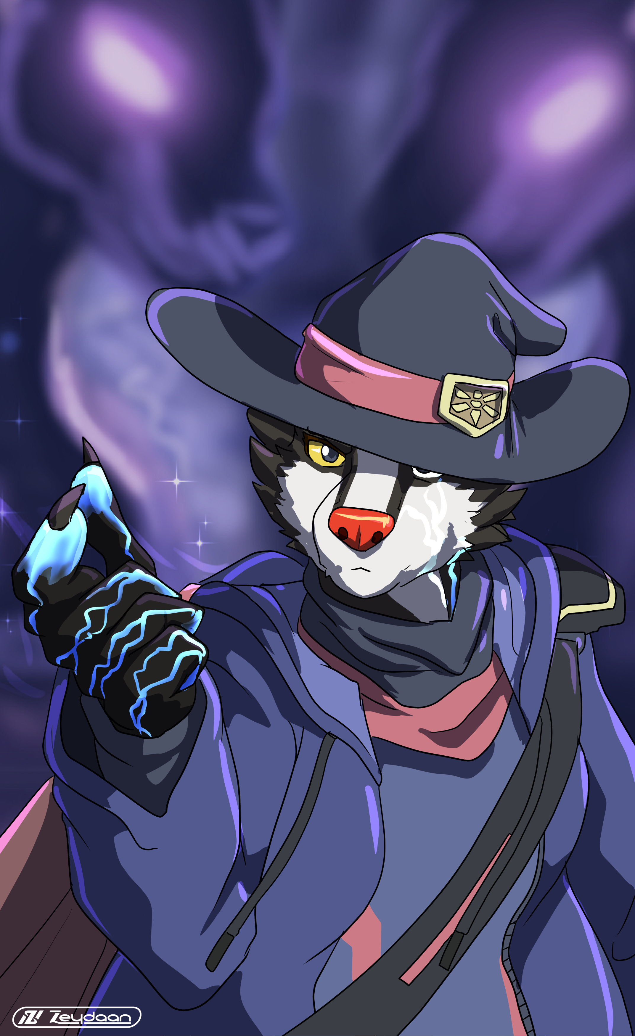 Brok dressed as Zeydaan in her interdimensional witch outfit, with corruptive magic going down their arm.
