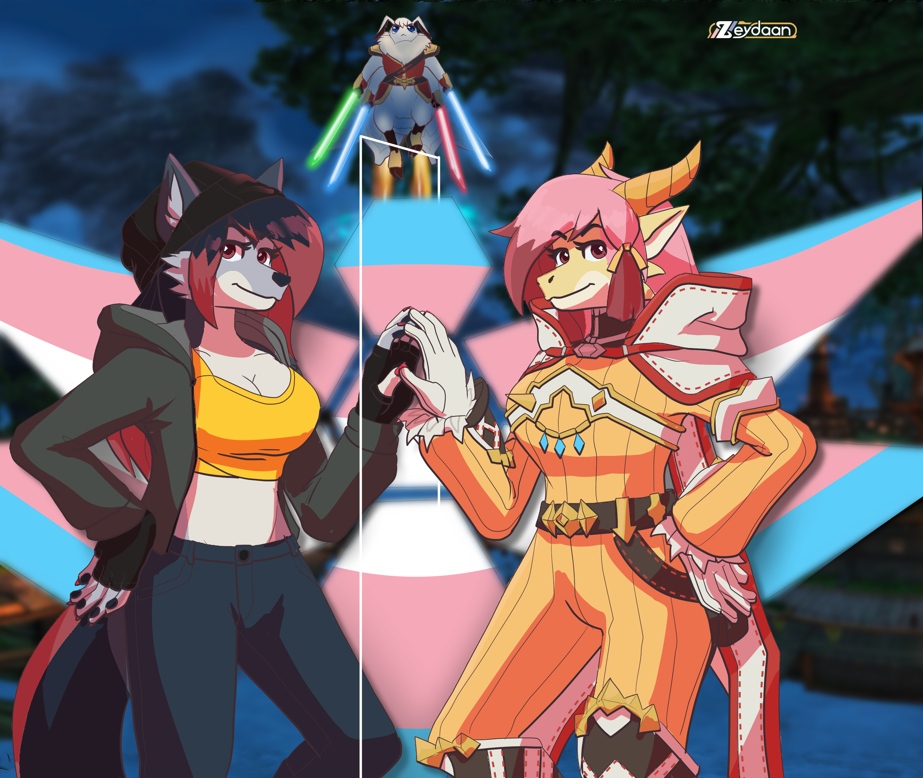 Zeydaan dressed as Grey, Isabella Dressed as Nia and Bean flying upwards with her swords.