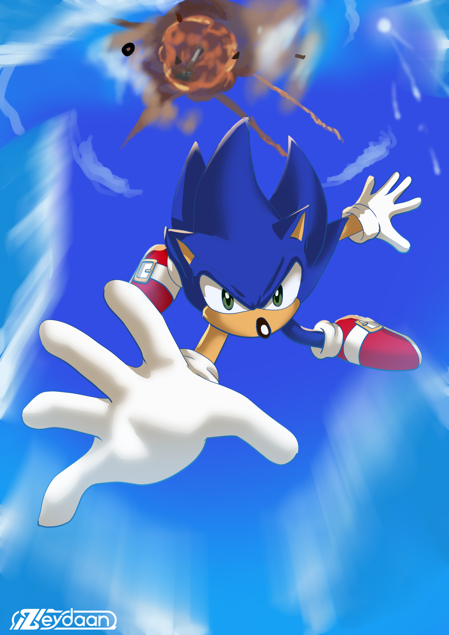 Sonic falling through the sky, reaching out for the camera, based on the ending of Sonic Advance 2
