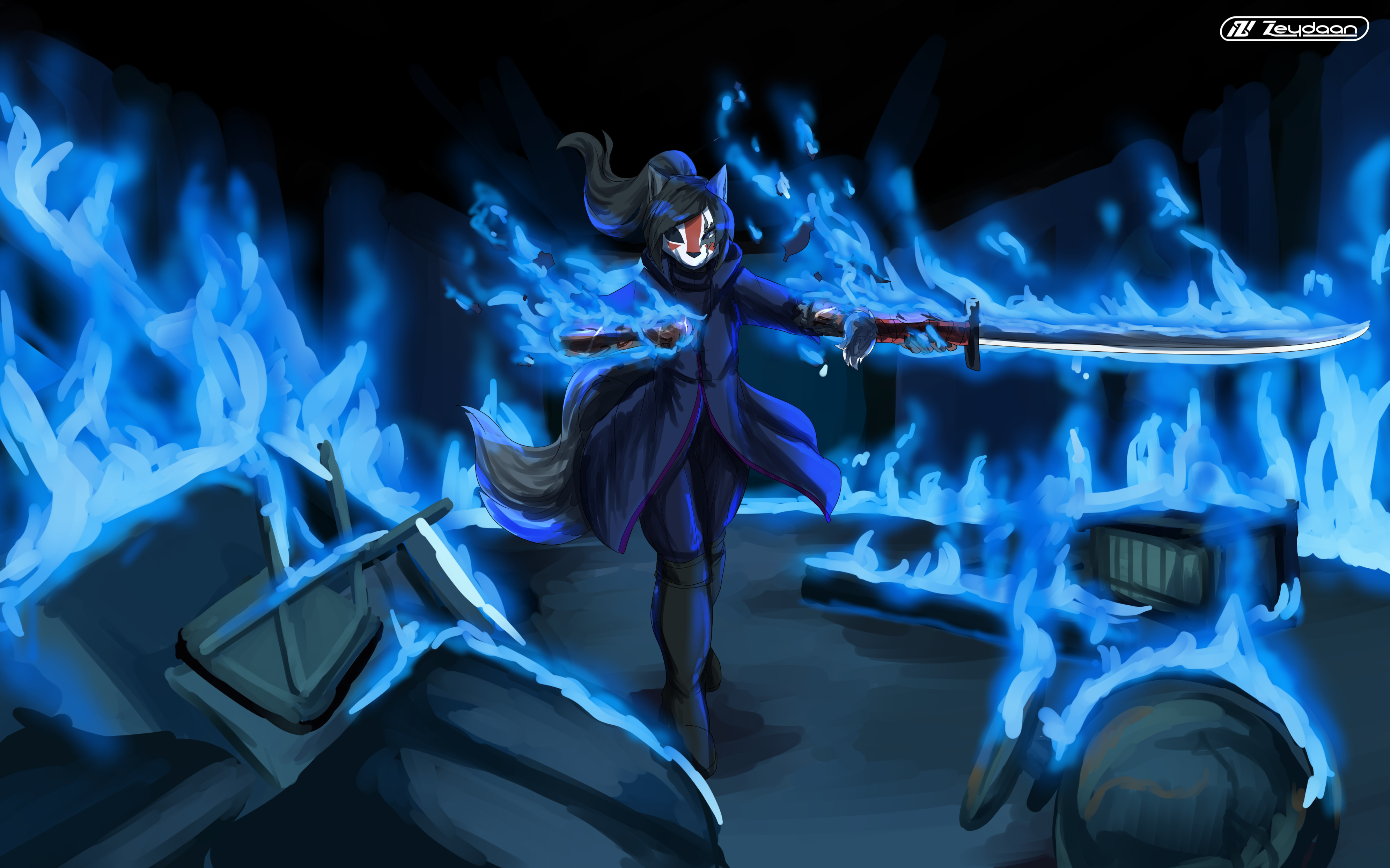 Homura weilding a sword coated (and herself) in blue fire as everything around her burns.