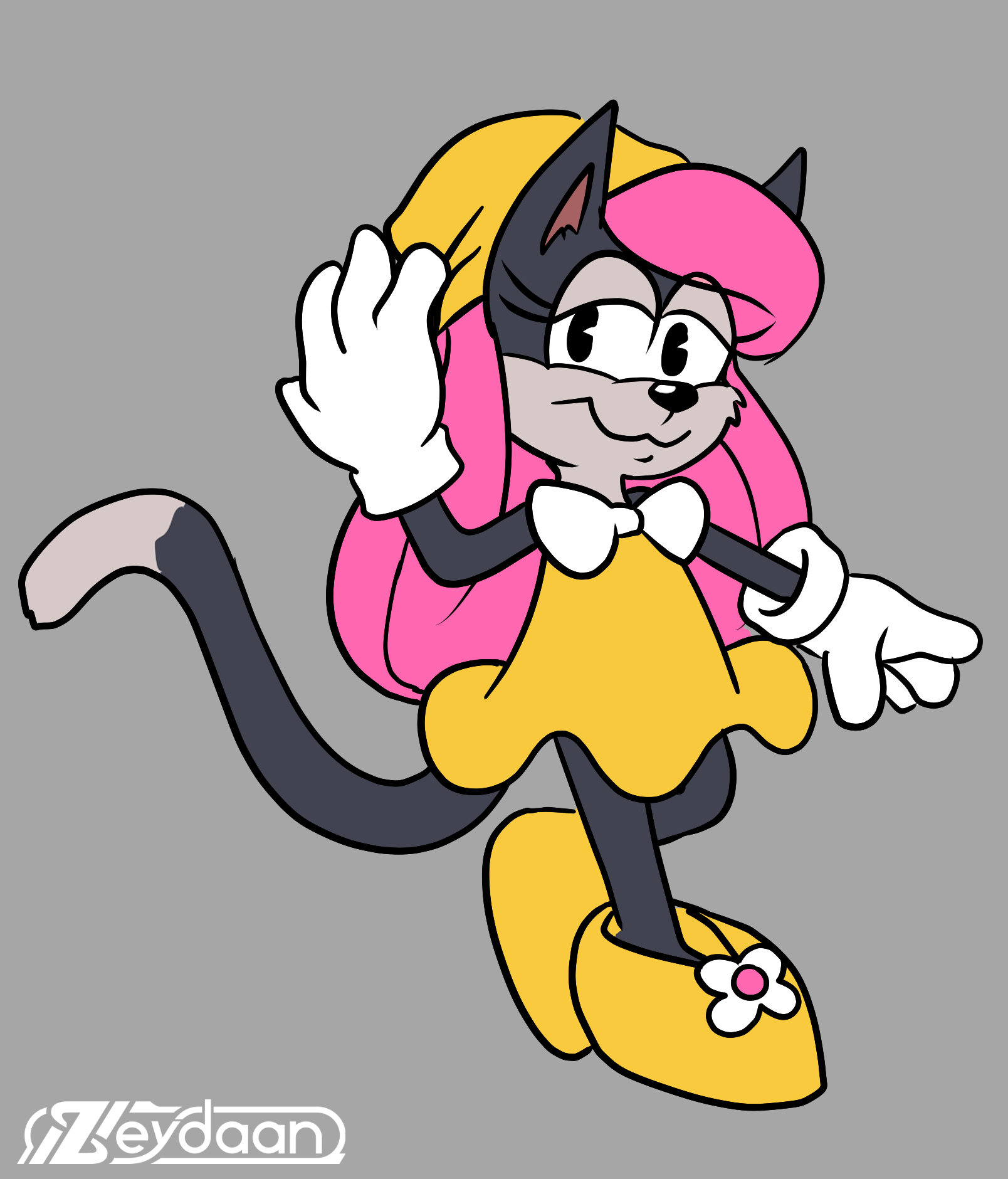 Zeydaan turned into a Black and white toony cat with large shoes, gloves, a flowing dress and a Beanie