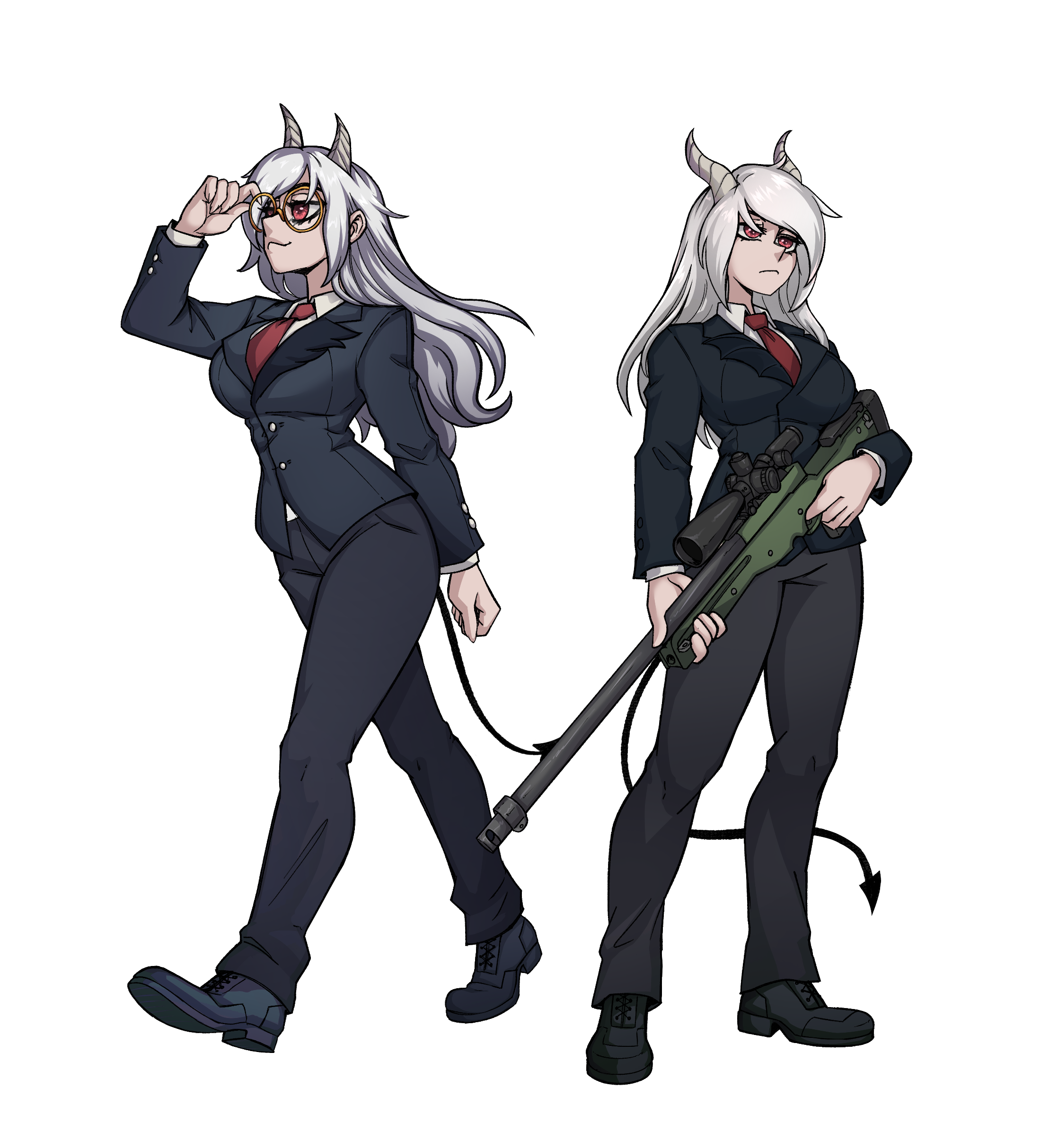 Zeydaan and Isabella in helltaker style, fully becoming demons with dark suits.