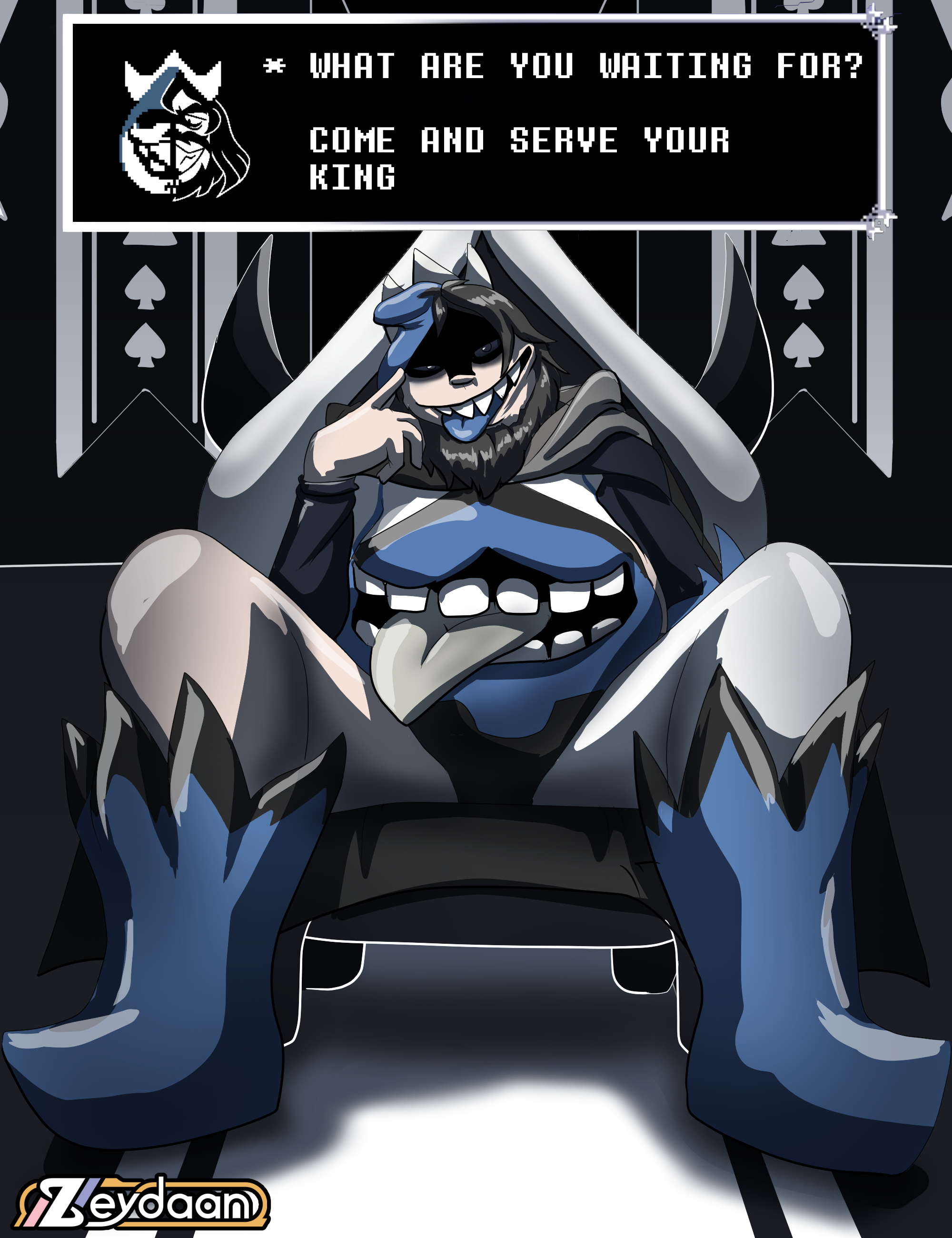 Jasper sitting on King's throne, transforming into King "What are you waiting for? Come and serve your king"