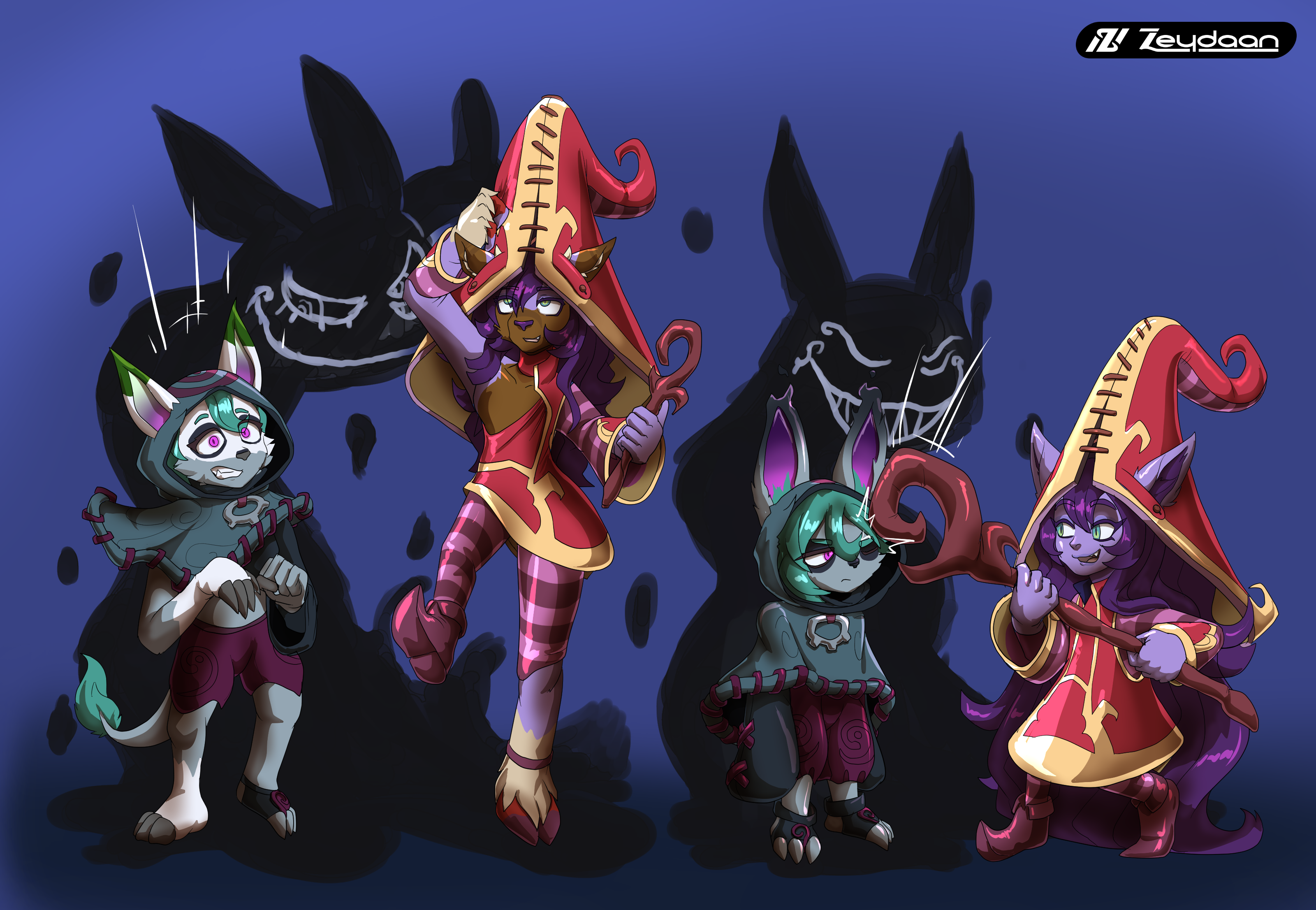 Tuli and Dell turning into Vex and Lulu from Vex's shadow corrupting Tuli and plopping Lulu's hat onto Dell's head.