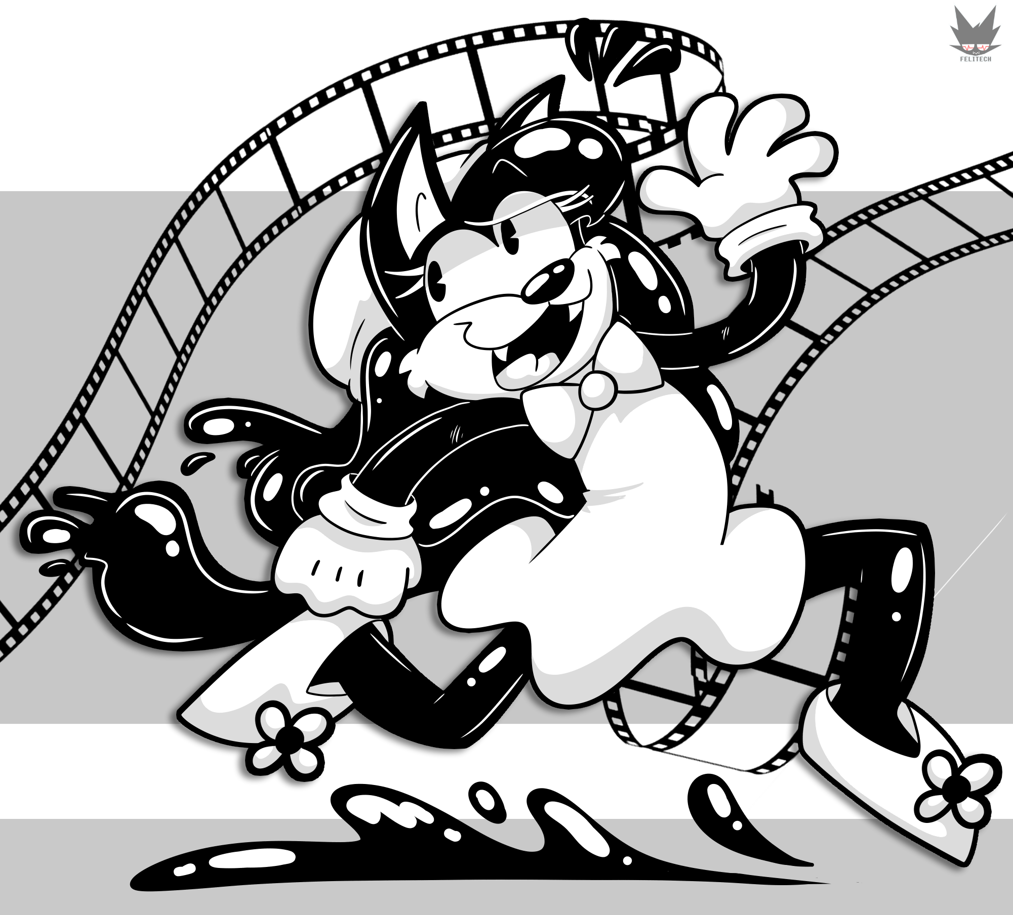 Mimsy the cat skipping in front of film reel while drizzling ink and splashing it on the floor.