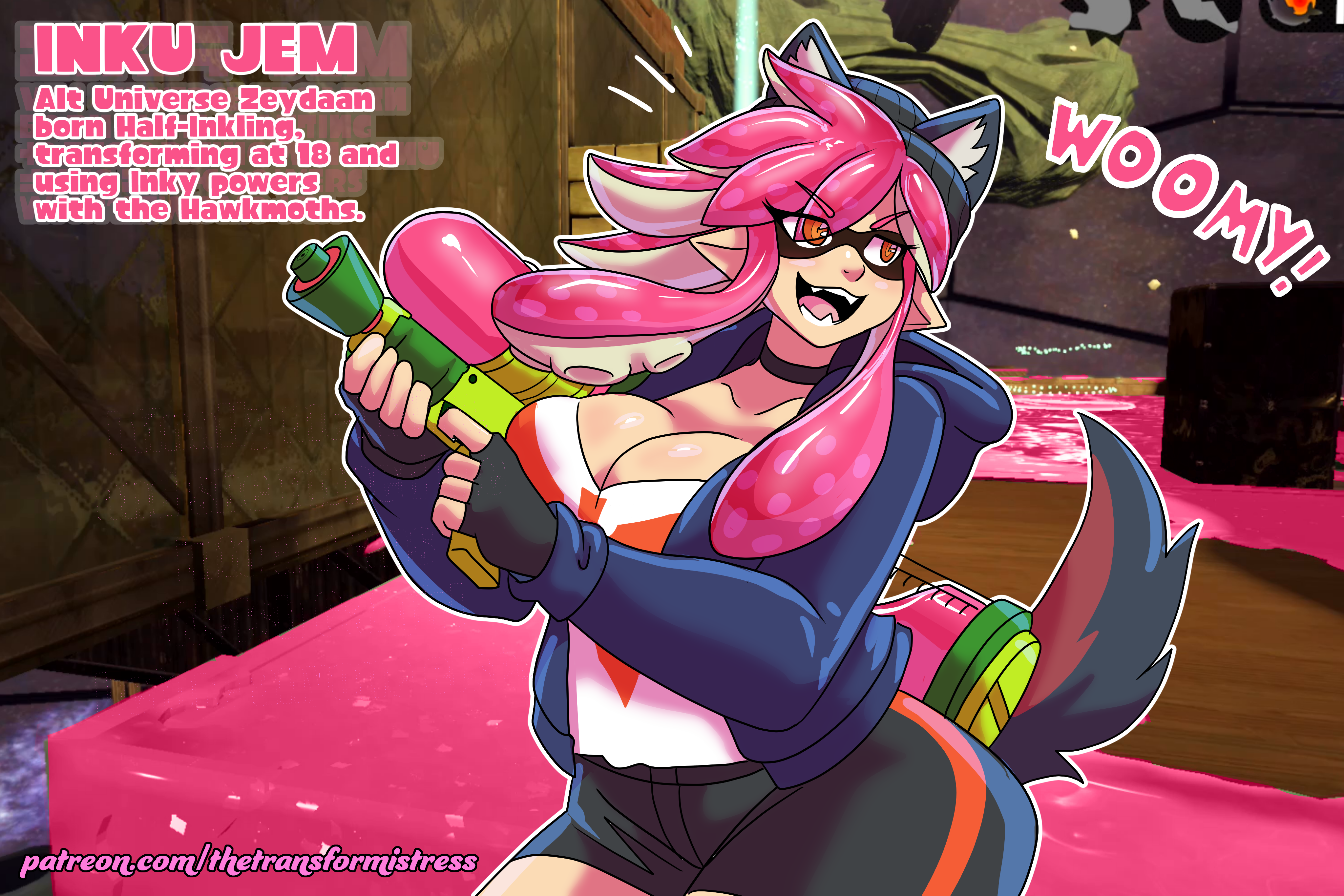 Zeydaan as a pink inkling with a blue hoodie and hawkmoths shirt "Inku Jem- Alt Universe Zeydaan, born Half-Inkling, transforming at 18 and using Inky Powers with the Hawkmoths