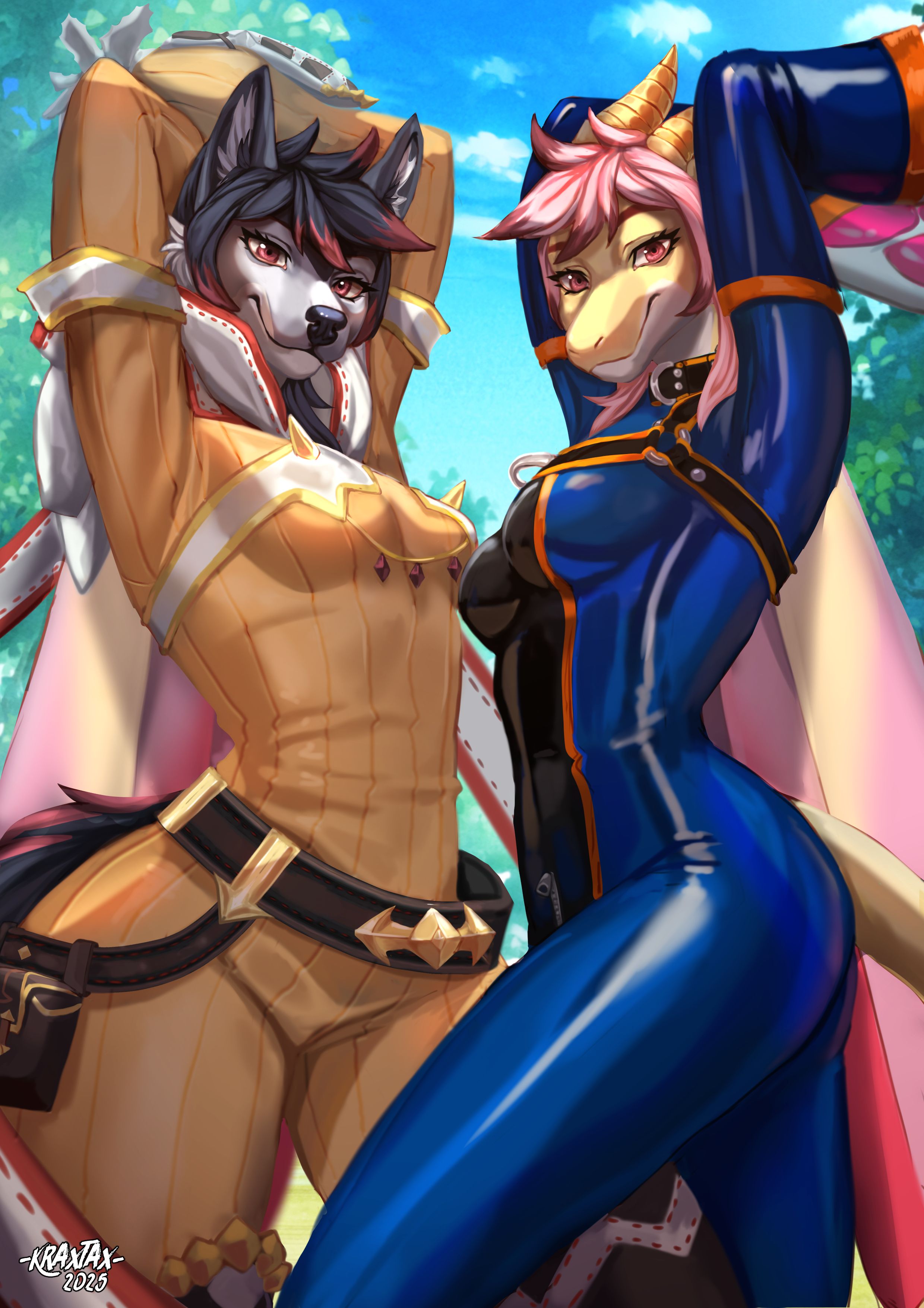 Zeydaan wearing Nia's outfit posing alongside Isabella in a latex catsuit.