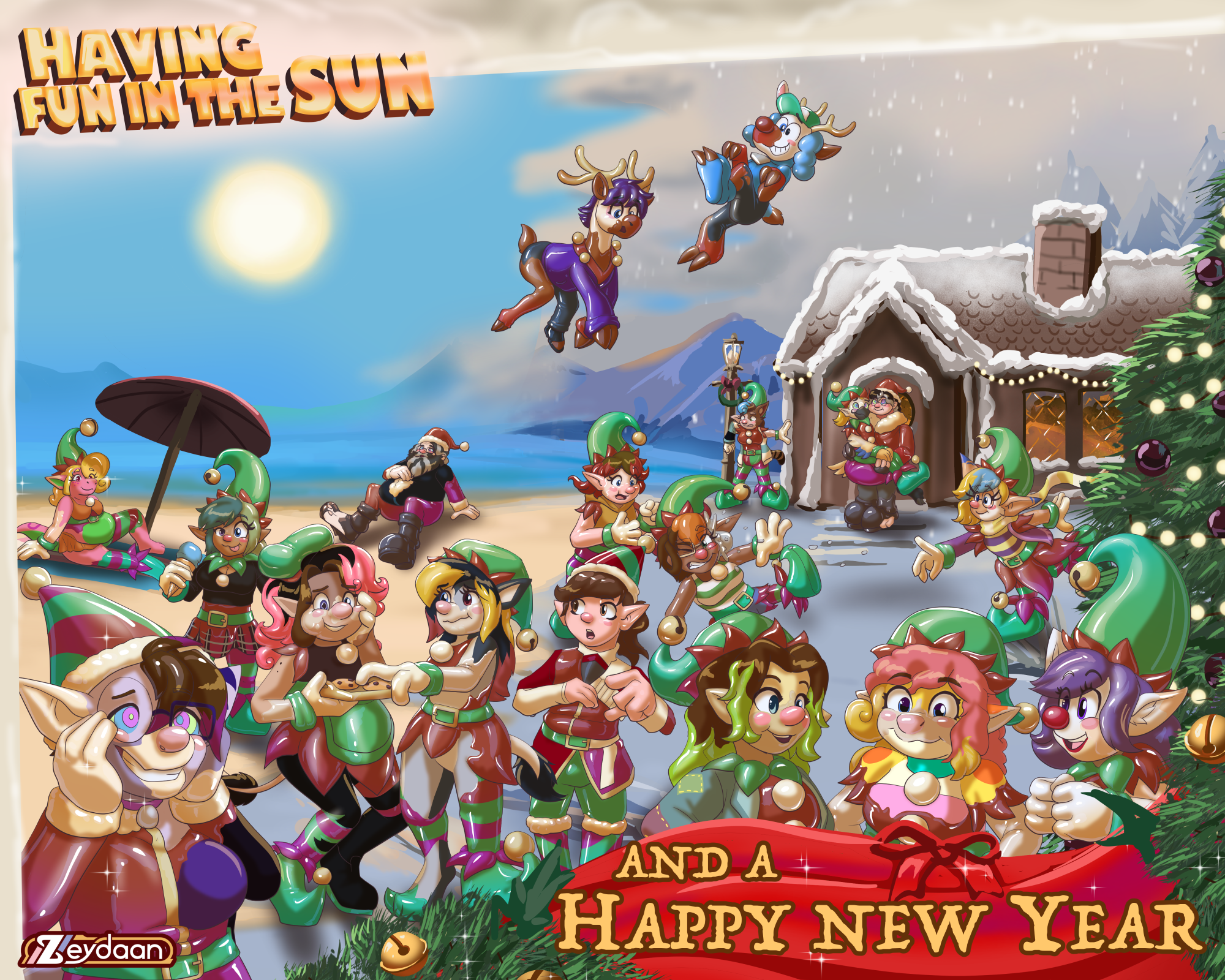 Sushi, Emma, Kira, Pix, Zeydaan, Mzia, Drake, Mira, Megan, Karth, Noelle, Kirry and Clowitty turning into Christmas Elves, Jasper into Santa, Nocty into Mrs Claus, and Gemma and Dim turning into reindeer "Having Fun in the Sun- and a Happy New Year"