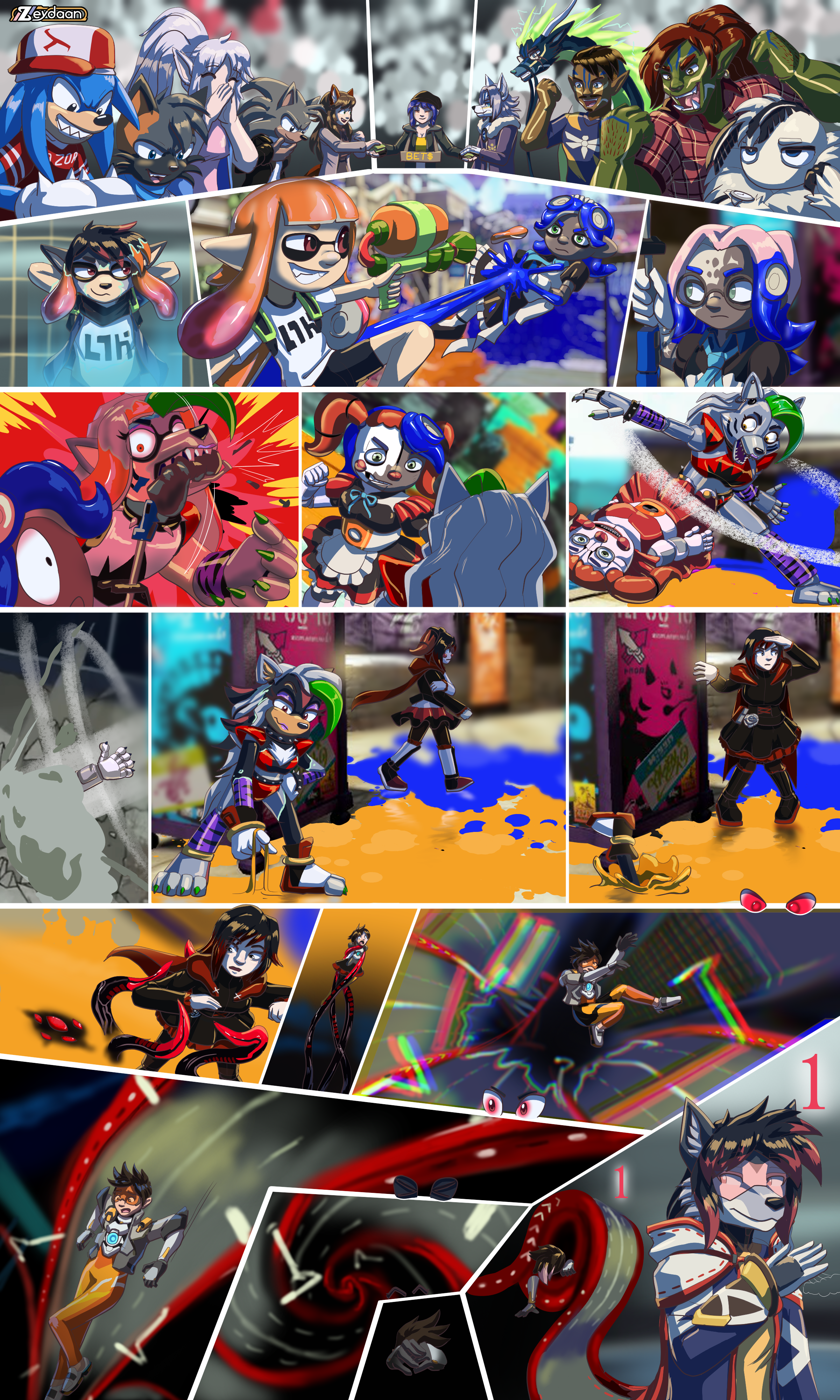 The LoRI team and Hawkmoths team cheering on Emily and Isabella, while Grey takes bets- they become an Octoling and Inkling, before Zeydaan becomes Roxanne Wolf, Emily becomes Circus Baby, only to be thrown to the curb. As Emily then becomes Ruby Rose while Zeydaan becomes Shadow, to drag her into the ink below- trapping now Tracer in a morphing radical highway- Zeydaan emerges victorious, tieing their stocks.