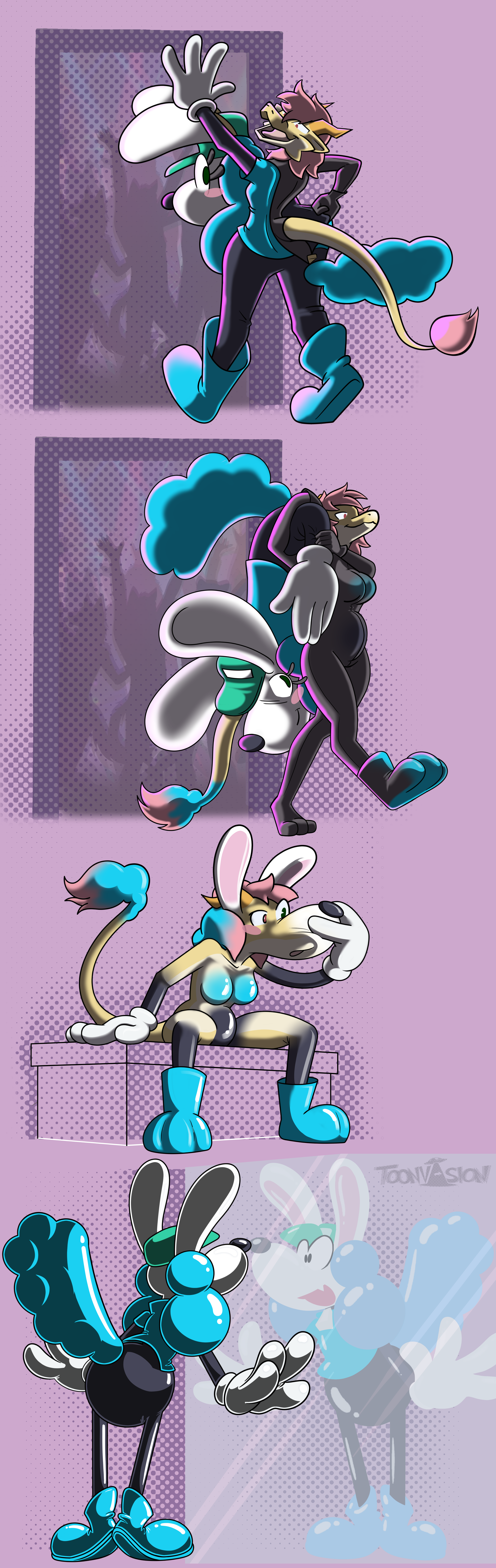 Isabella wearing Dim to a party, finding herself turning into Dim afterwards before happily looking in the mirror at her transformed self.