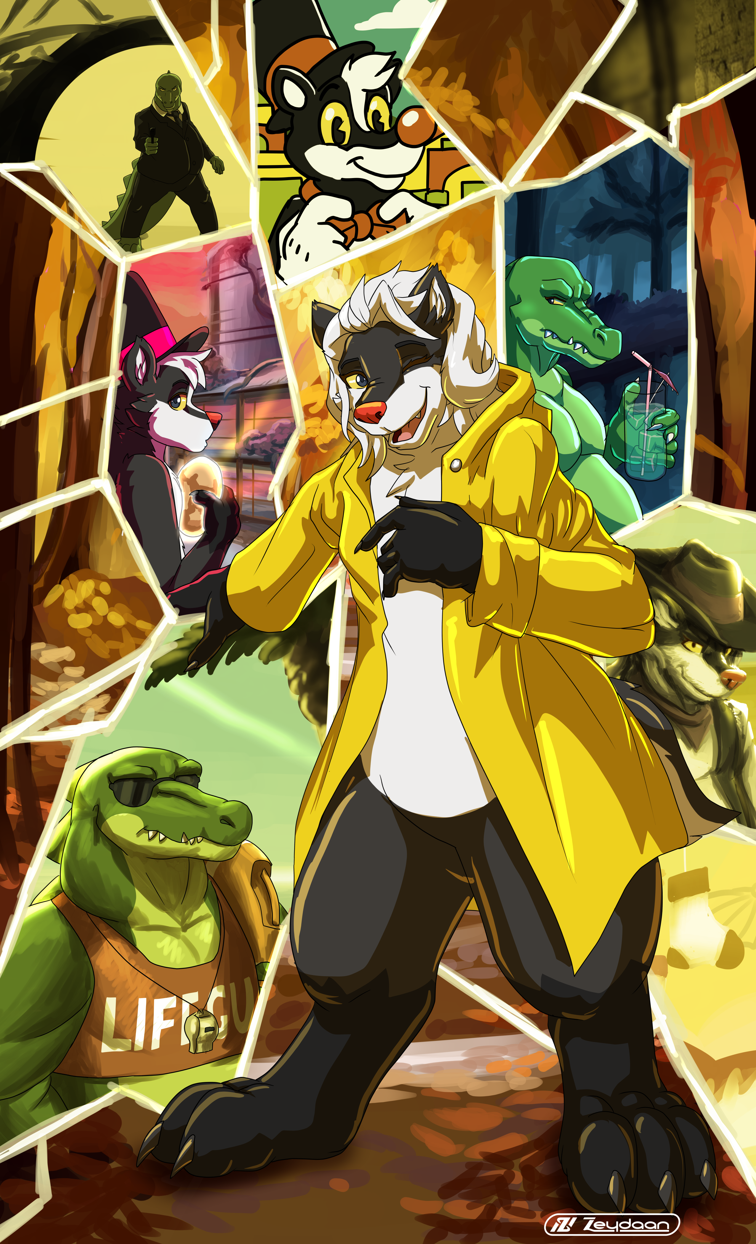 Mel standing in front of a split reality, featuring Brok and Dylan and various versions of all three of them.