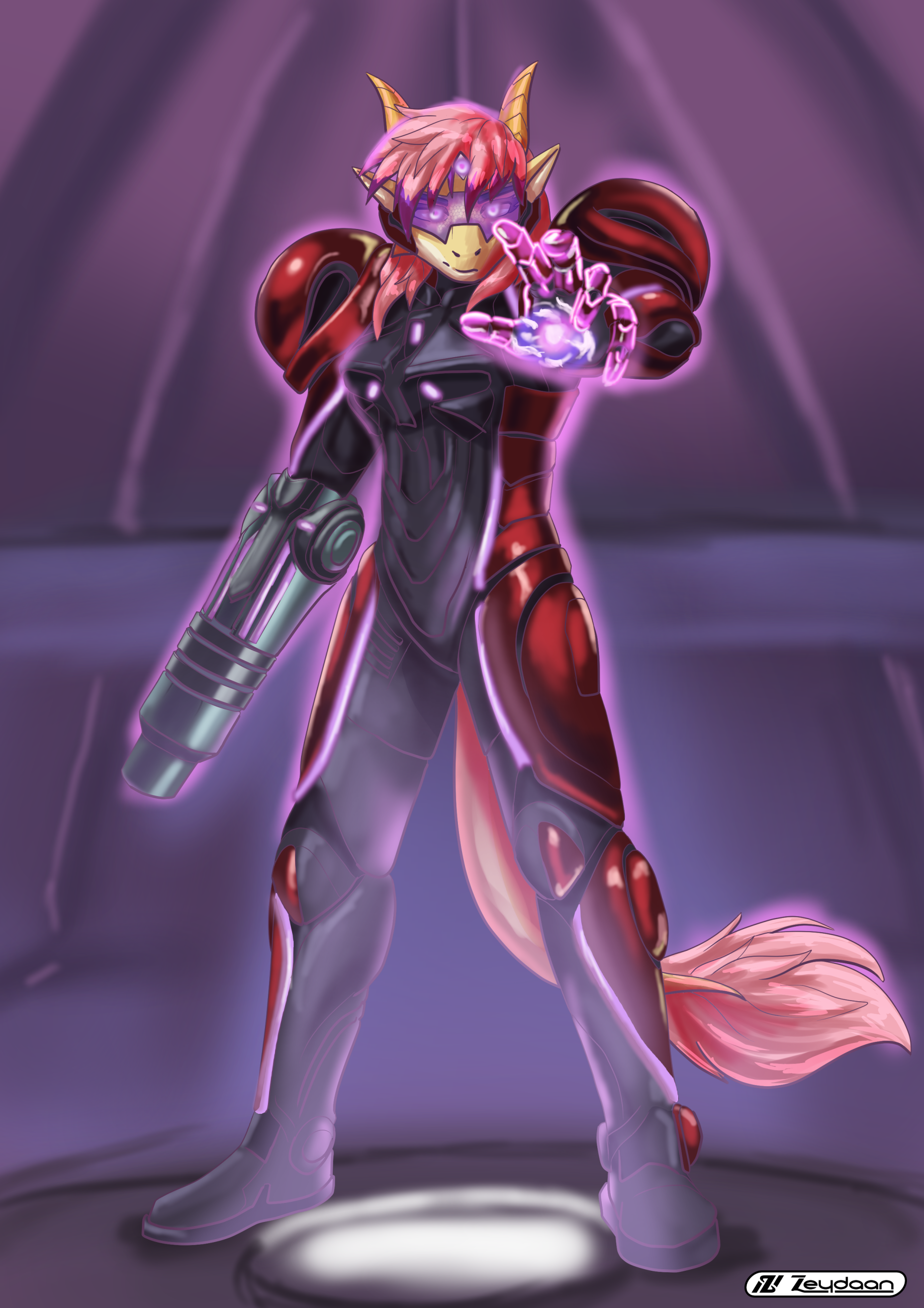 Isabella wearing Samus' armor from Metroid Prime 4, with a third eye and a psychic power in their hand.