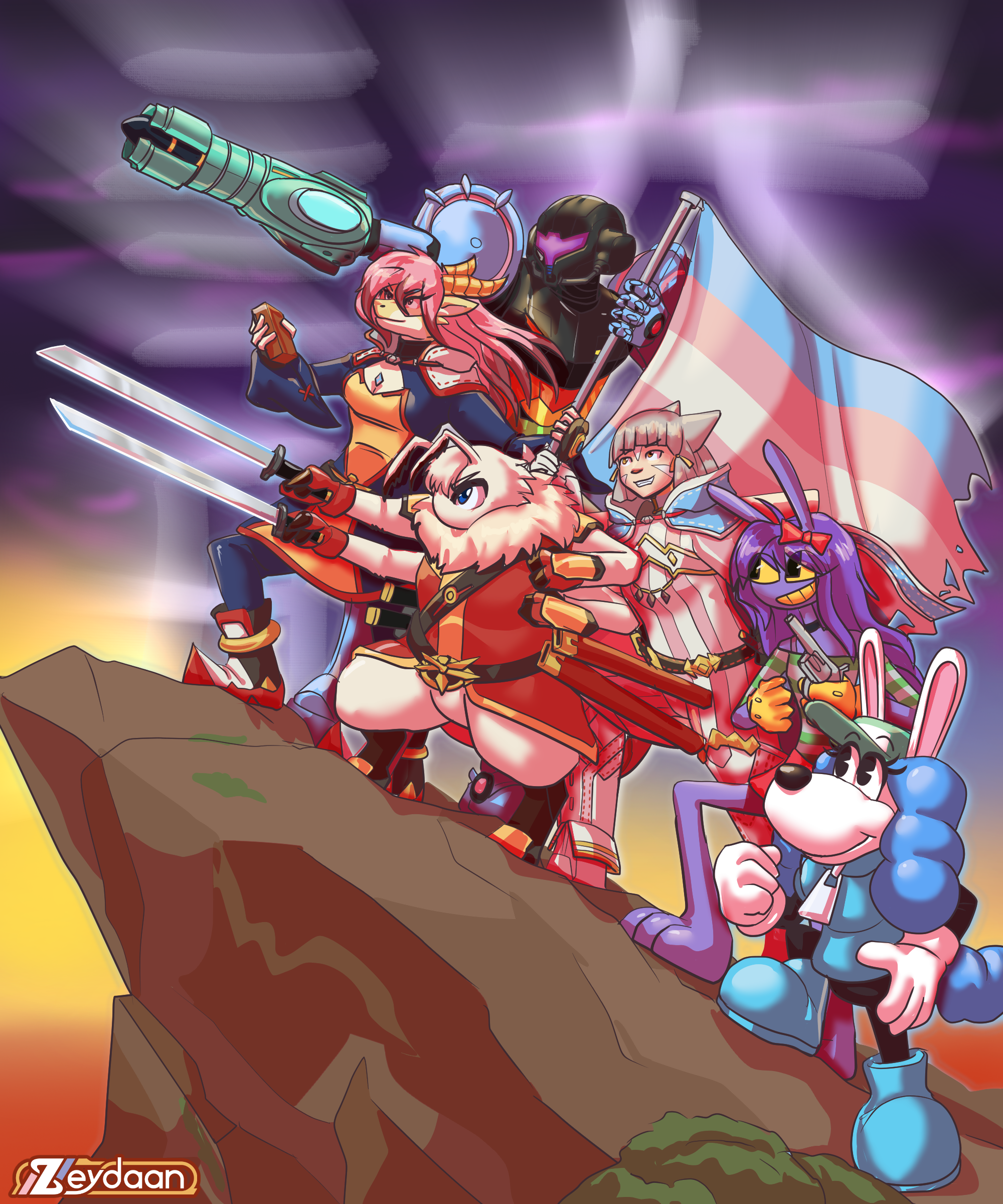 Isabella holding up a trans pride flag alongside Samus, Bean, Nia, Jax and Dim