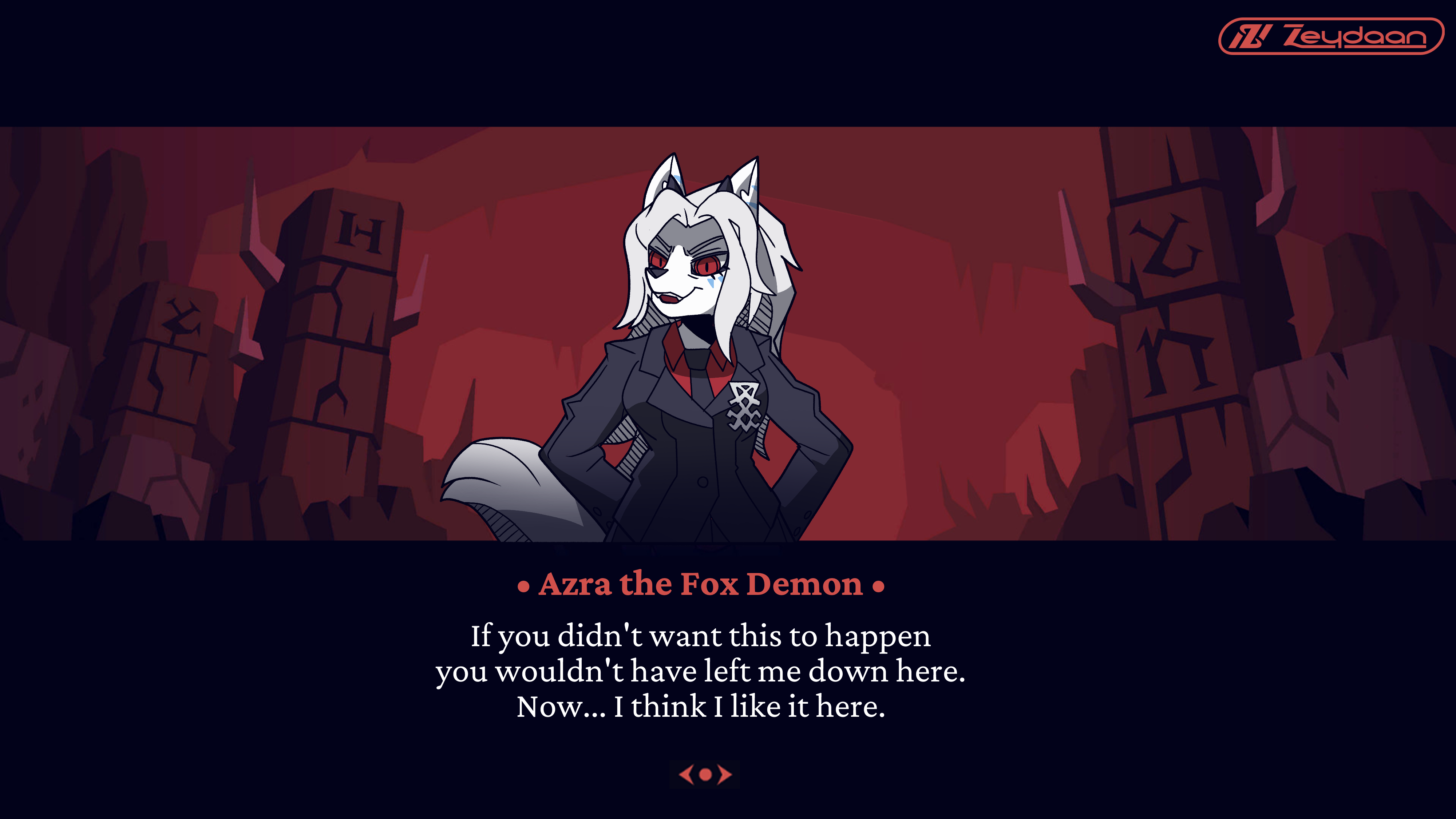 Azra turned into a helltaker demon "Azra the Fox Demon: If you didn't want this to happen you wouldn't have left me down here. Now... I think I like it here."