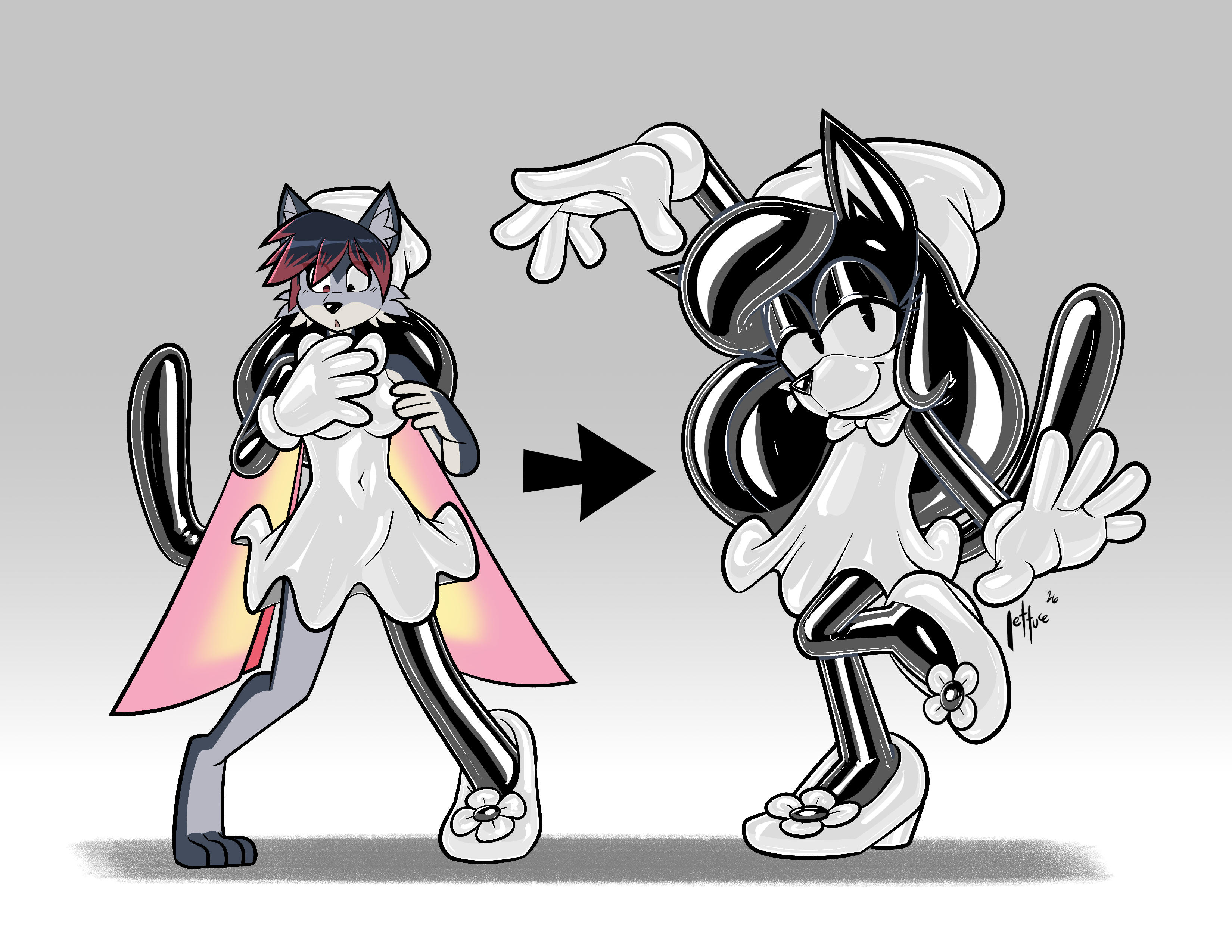 Zeydaan looking at a gloved hand while her body is turned into shiny ink, before Mimsy poses with a flourish.