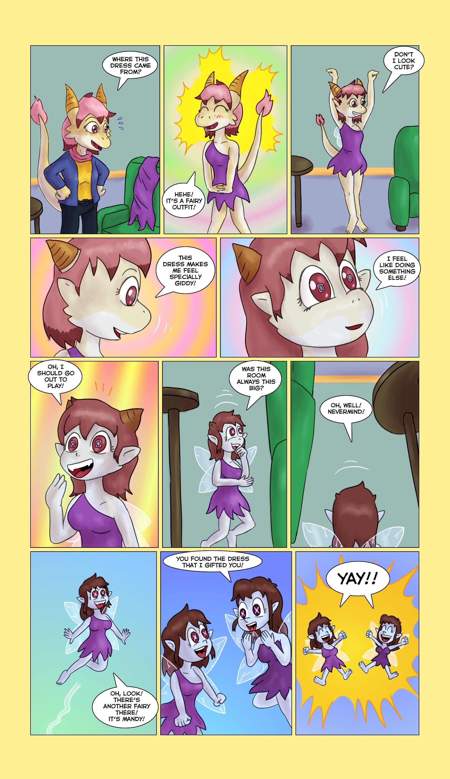 Isabella trying on Mandy's fairy dress, before shrinking down and turning into a fairy clone of her "Where'd this dress come from?" "Hehe! It's a fairy outfit!!!" "Don't I look cute?" "This dress makes me feel specially giddy!" "I feel like doing something else!" "Oh, I should go out to play!" "Was this room always this big?" "Oh, well! Nevermind!" "Oh, look! There's another fairy there! It's mandy!" "You found the dress that I gifted you!" "Yay!!"