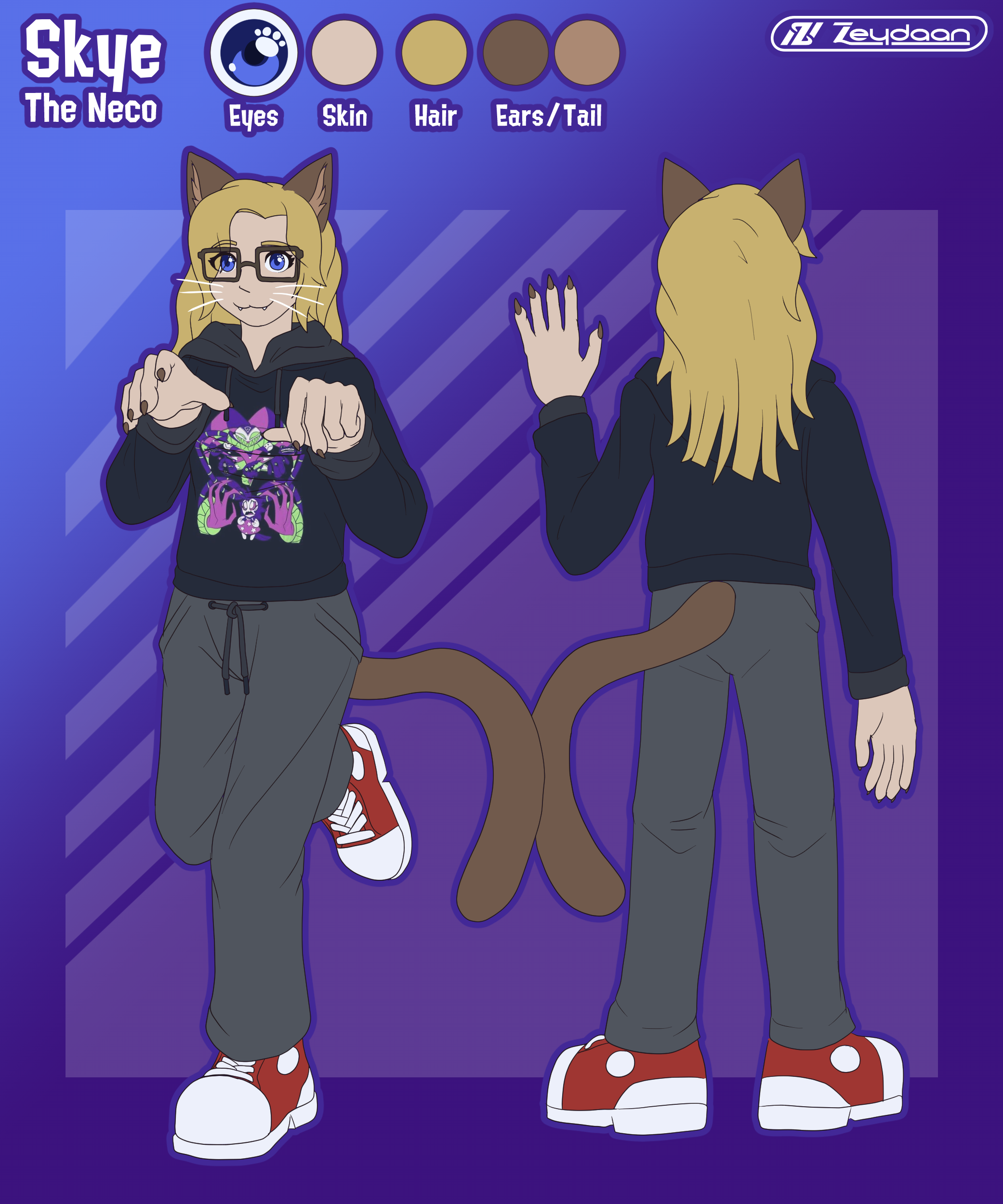 Refsheet of a nerdy neco catboi,, wearing a fizzaroli hoodie.