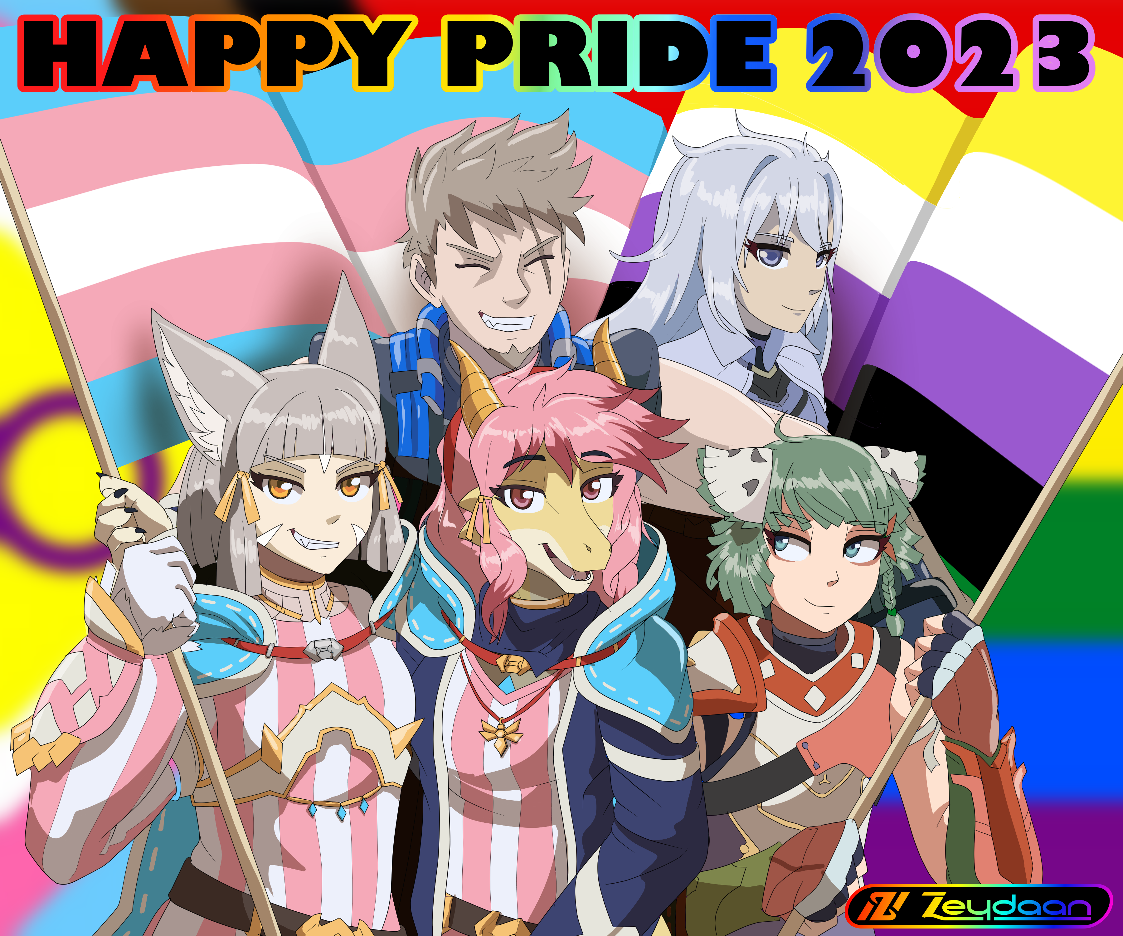 Isabella waving transgender and Non-binary pride flags with Nia, Juniper, Rex and A
