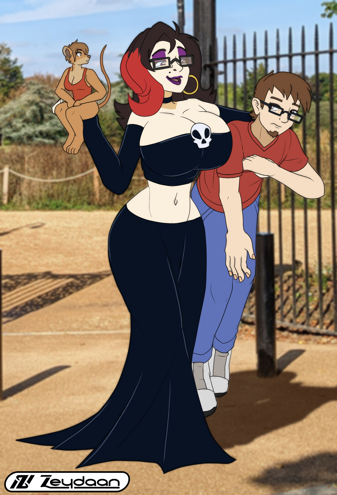 Vanessa the witch holding Agent and Amy through a park gate.
