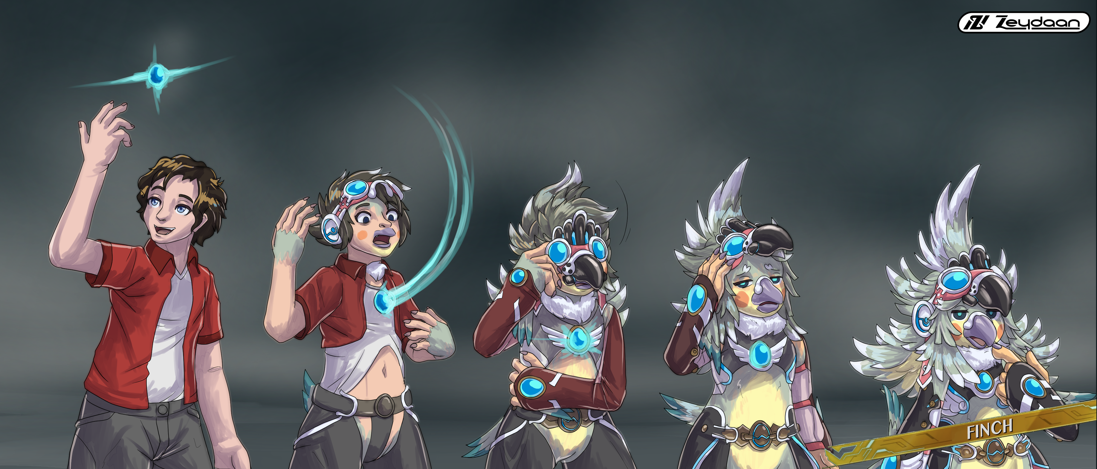 Human holds up a round core crystal before it slams into their chest- transforming them into Finch from Xenoblade 2, though with a beak