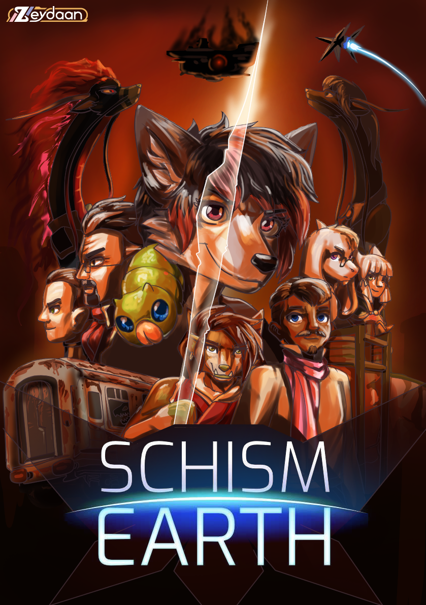 Cover of 'Schism Earth' with the crashing Gloria sentinel, Ashley, Amrin, Talon, Darius, Bean, Zeydaan/Isabella, Lilith, Zach, Asriel and Nia