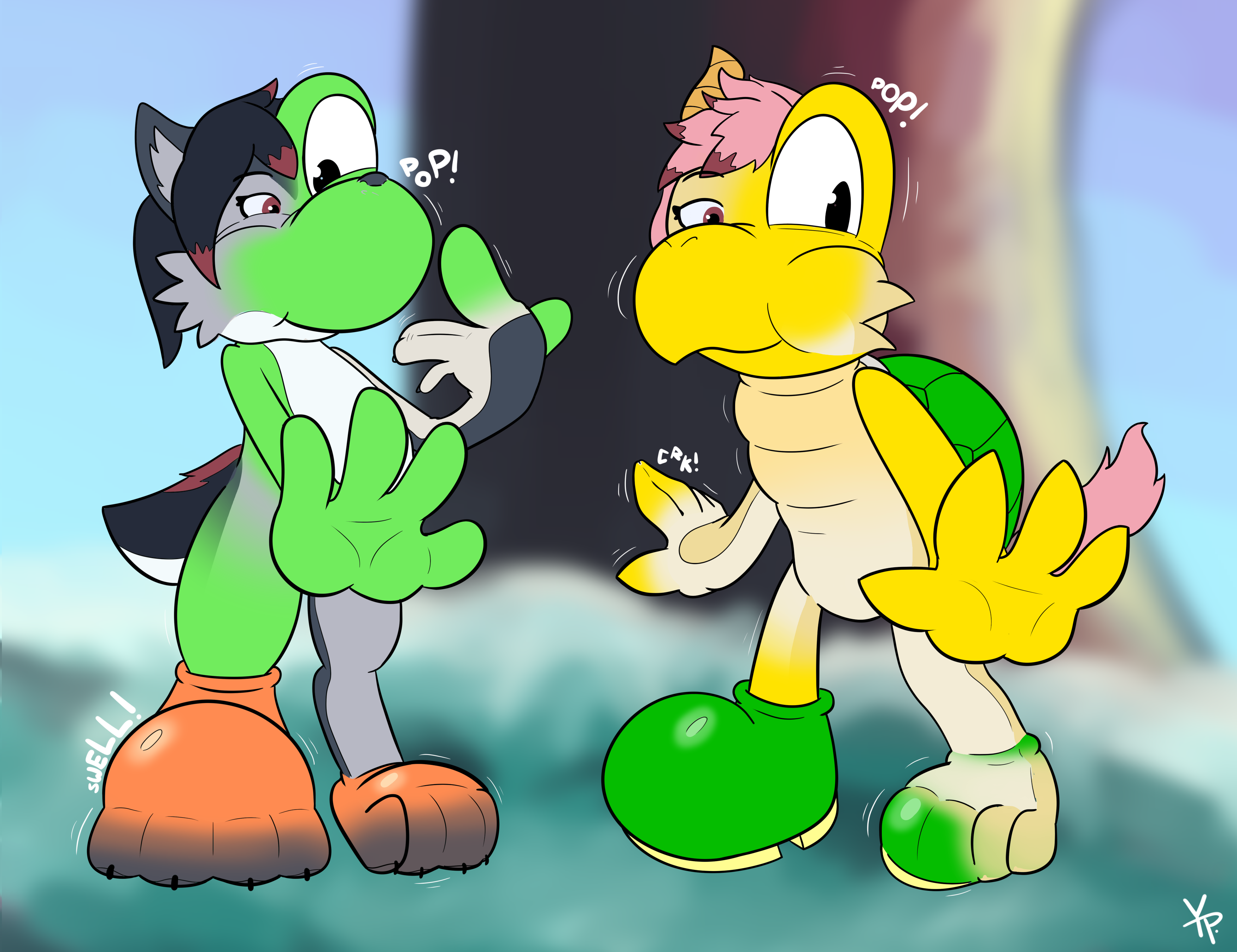 Zeydaan turning into a Yoshi while Isabella turns into a Koopa Trooper
