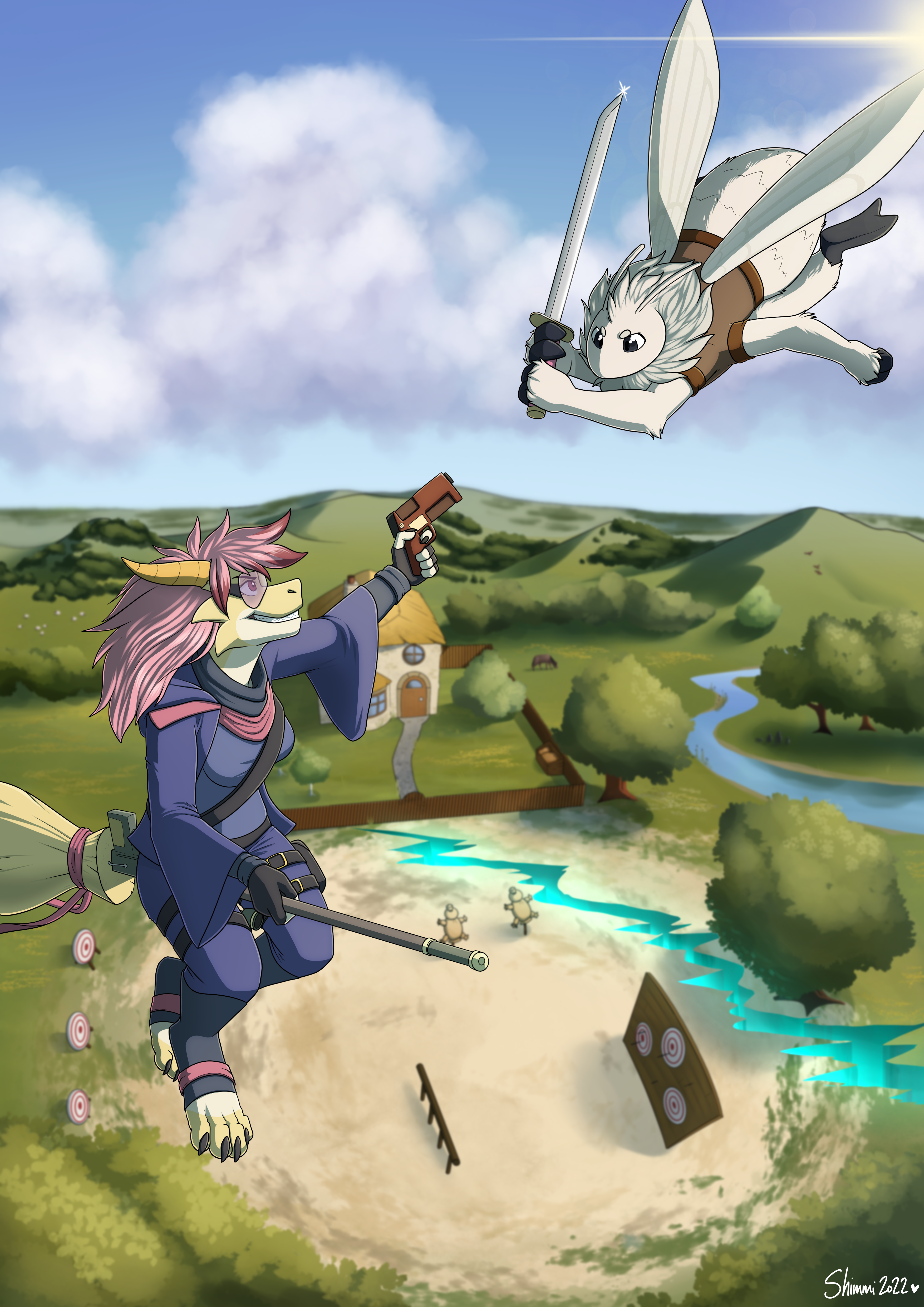 Isabella and Bean flying towards eachother above a countryside training yard.