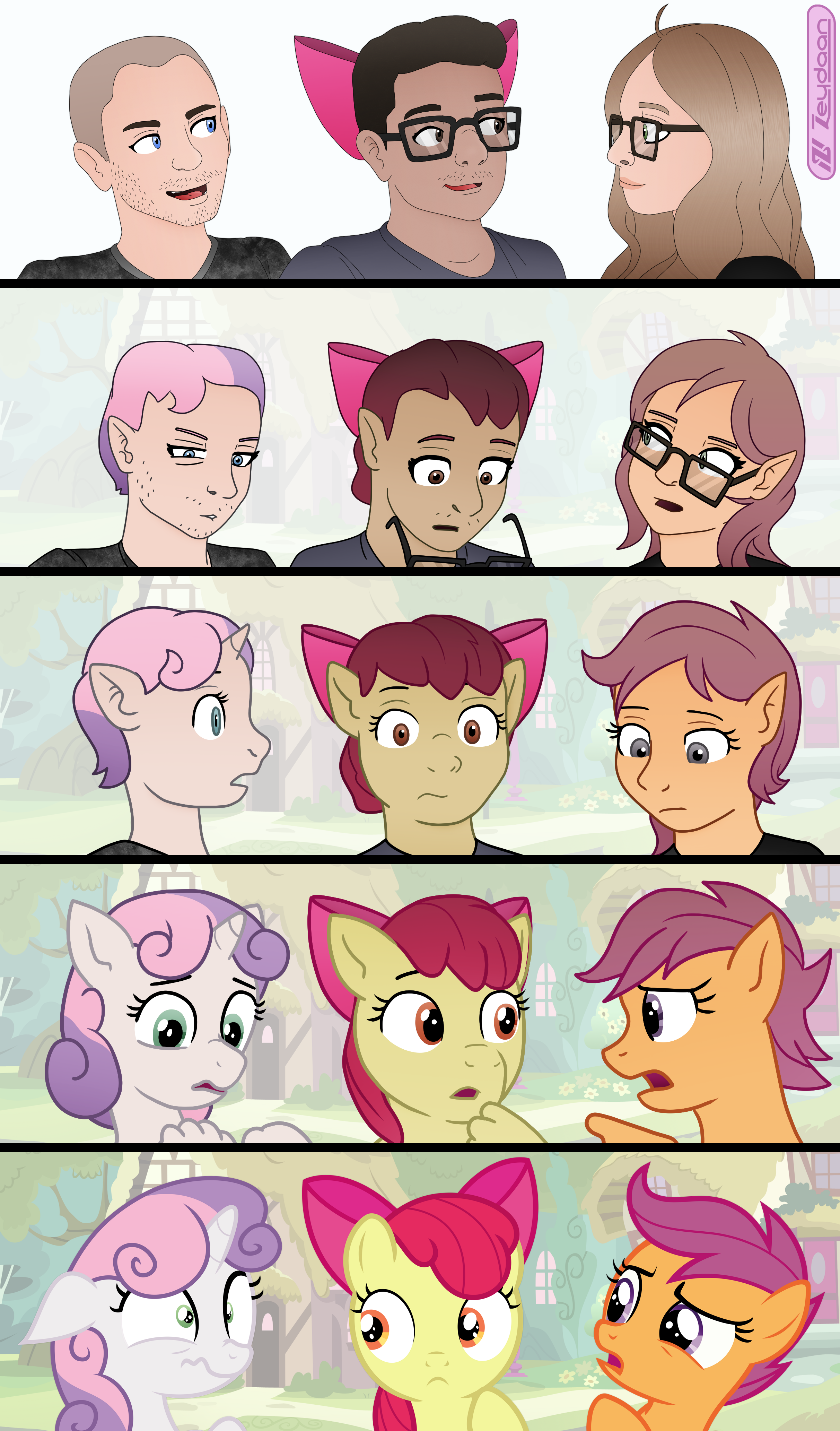 Axiom, Blaze and wolfteeth turning into Sweetie Belle, Apple Bloom and Scootaloo, while shifting artstyle.