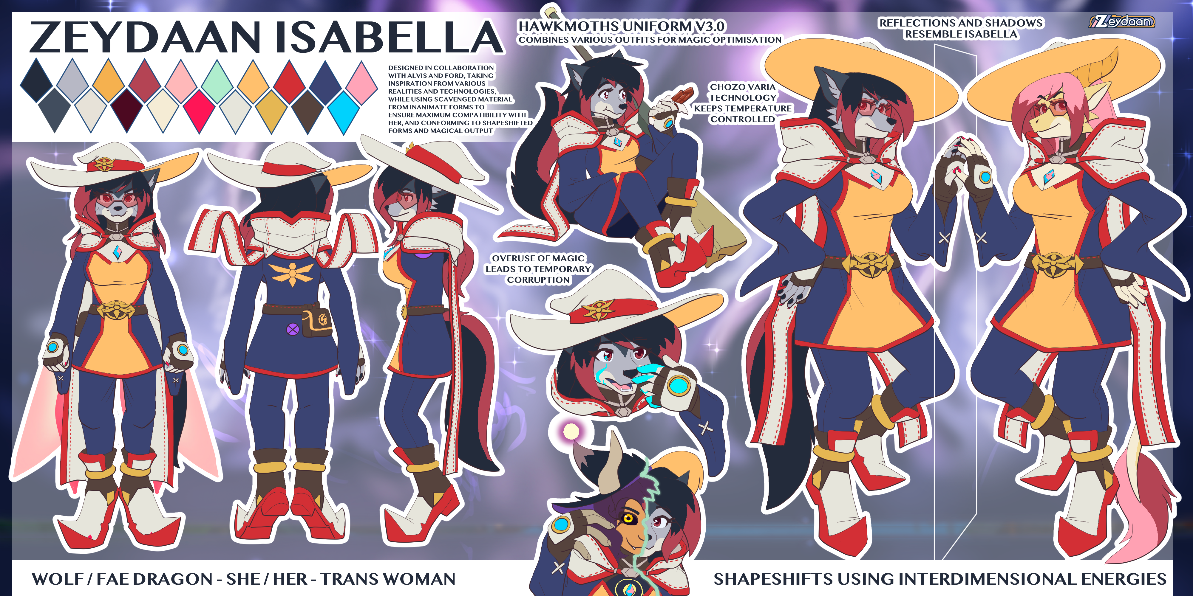 Reference sheet of Zeydaan Isabella, a shapeshifter transgender wolf-fae dragon wearing a Witch-like, composite outfit, with Nia's hood, Shadow's shoes and a robe like outfit with a Hawkmoth ensignia on the back and a small transformation into Titan Luz