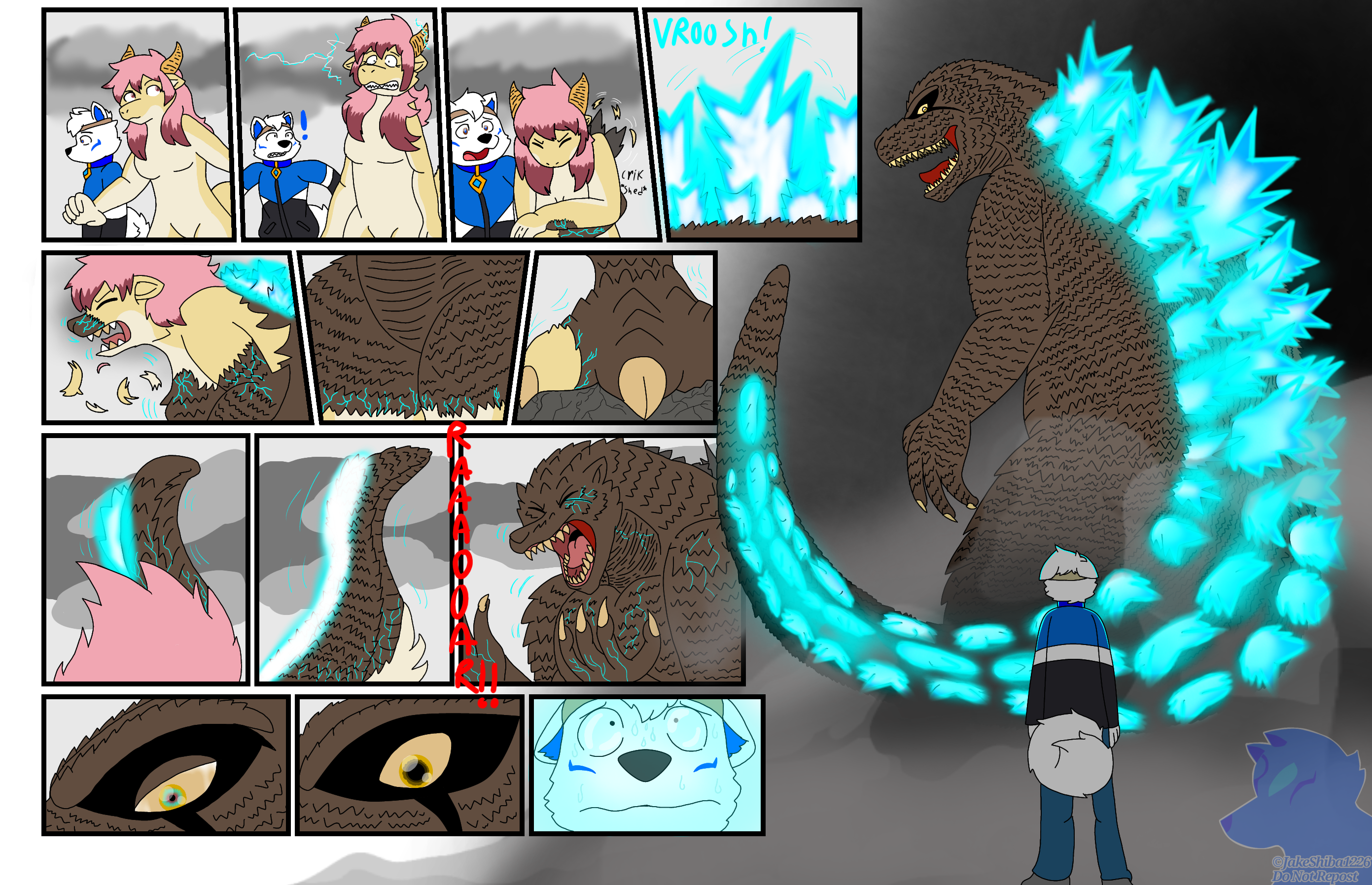 Isabella and Jake preparing for battle, before Isabella absorbs a massive amount of energy, spines erupting from her back as she grows to colossal size and take on a scaley hide- turning fully into Godzilla.