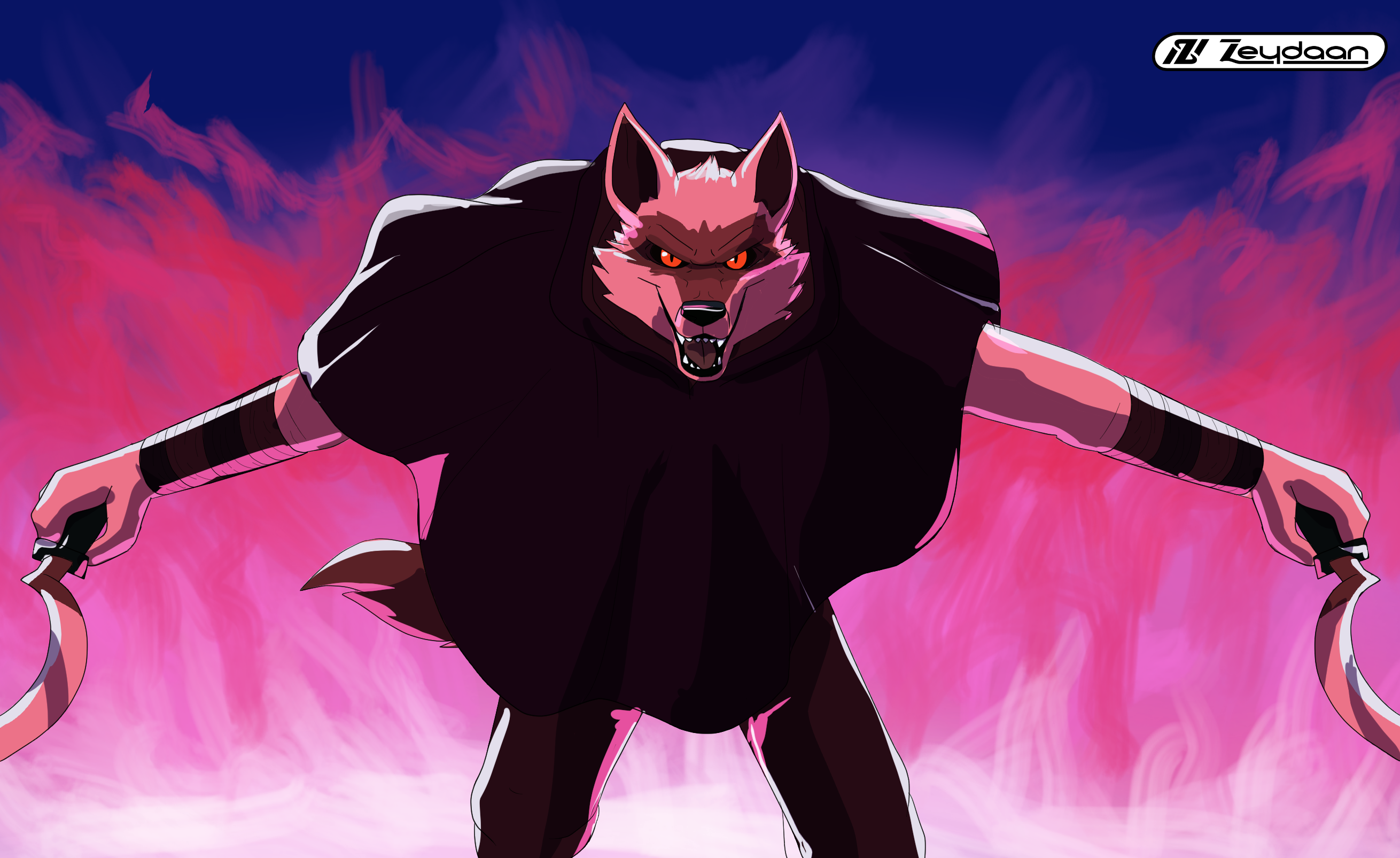 Death the wolf looking into the camera with two scythes and fire all around them.