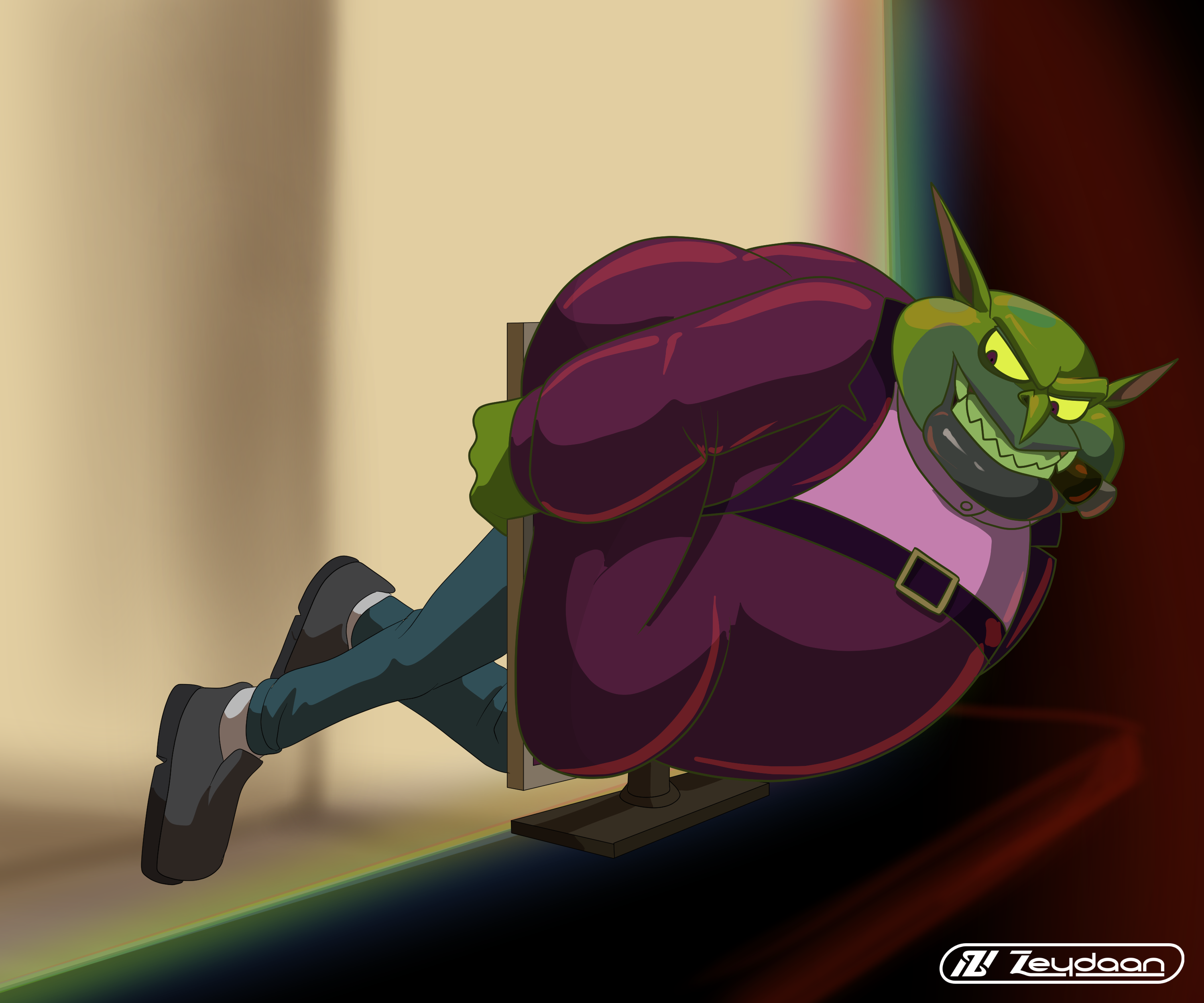 Jasper being sucked through a TV into another world, emerging as swackhammer on the other side.