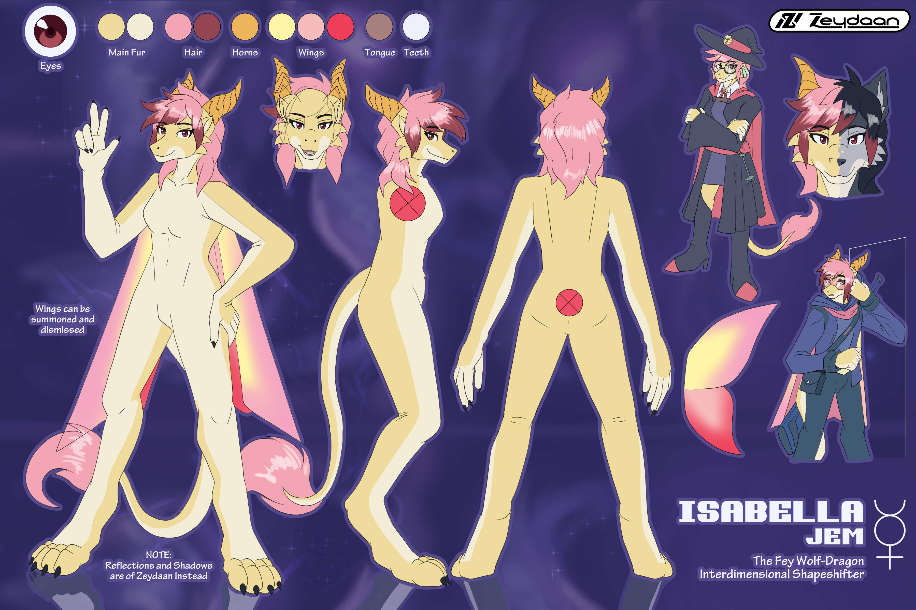 Isabella's refsheet, showing 3 main views, various outfits and highlights the wings that can appear, the horns under her hair and her reflections being that of Isabella