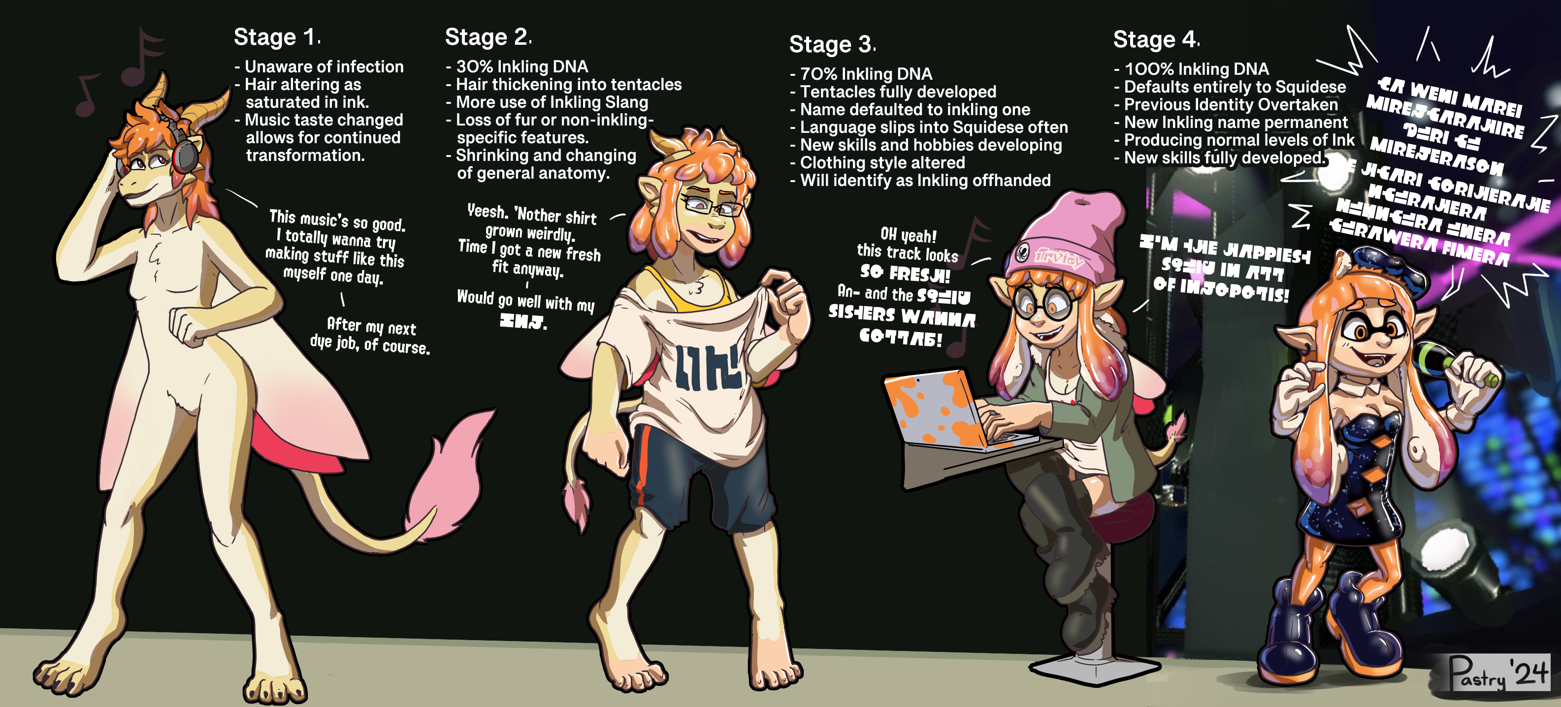 Isabella turning into an Inkling idol "Stage 1. Unaware of infection, Hair altering as saturated in ink. Music taste changed, allows for continued transformation" "This music's so good, I totally wanna try making stuff like this myself one day. After my next dye job, of course." "Stage 2, 30% inkling DNA, Hair thickening into tentacles, More use of Inkling Slang, Loss of Fur or Non-inkling-specific features, shrinking and changing of general anatomy" "Yeesh, 'nother shirt grown weirdly. Time I got a new fresh fit anyway, would go well with my Ink." "Stage 3. 70% inkling DNA. Tentacles fully developed. Name defaulted to inkling one, language slips into squidese often, New skills and hobbies developing, clothing style altered, will identify as Inkling offhanded." "Oh yeah, this track looks so fresh. An- and the squid sisters wanna collab! I'm the happiest squid in all of Inkopolis!" "Stage 4: 100% Inkling DNA, Defaults entirely to squidese, Previous identity overtaken, New inkling name permanent, Producing normal levels of Ink, New skills fully developed." "Ya weni marei mirekyarahire Juri yu mirekerasonKire hyari yoriherahe nyurahera Nunnyura unera yurawera fimera