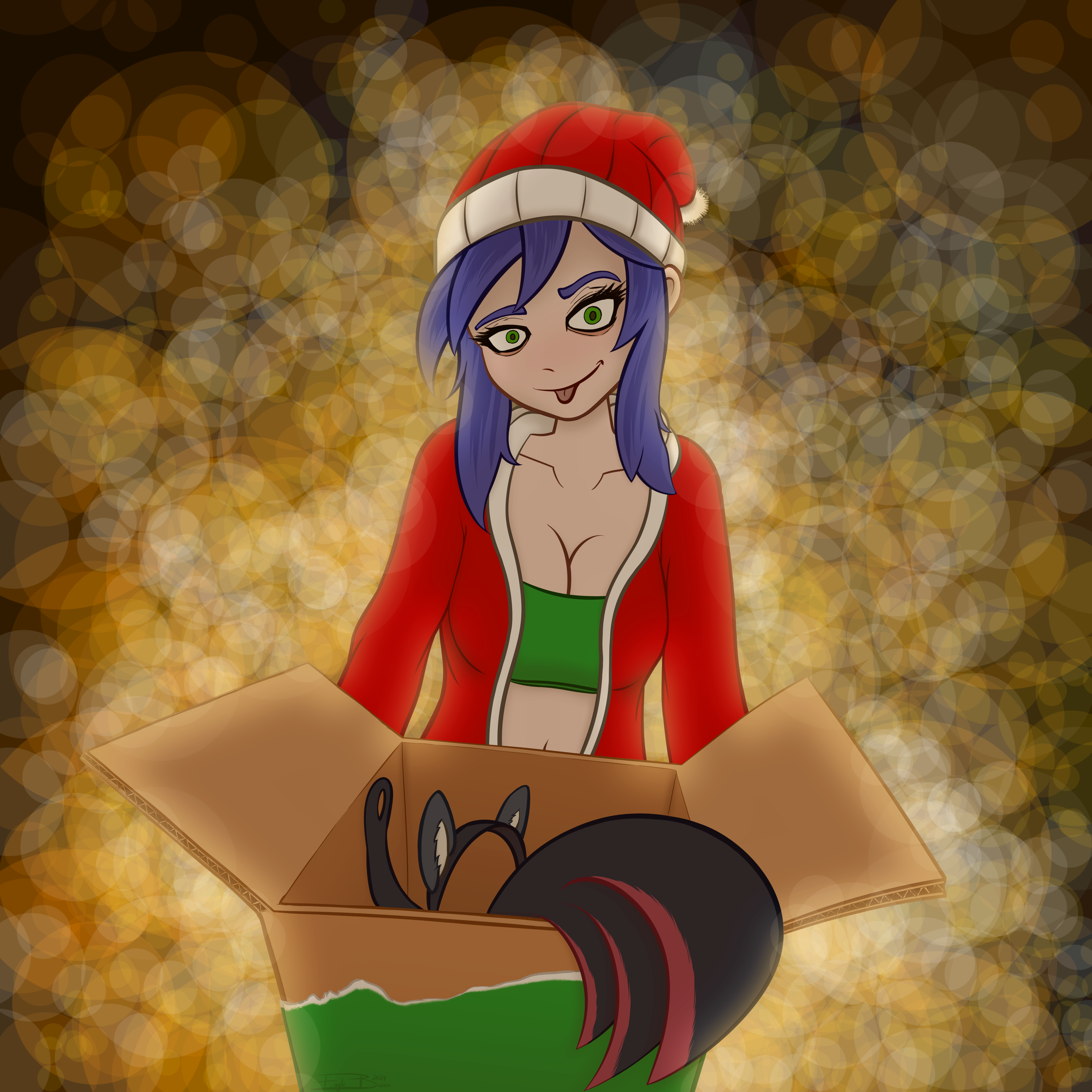 Grey holding a box with discarded parts belonging to Zeydaan while wearing santa coloured clothing.