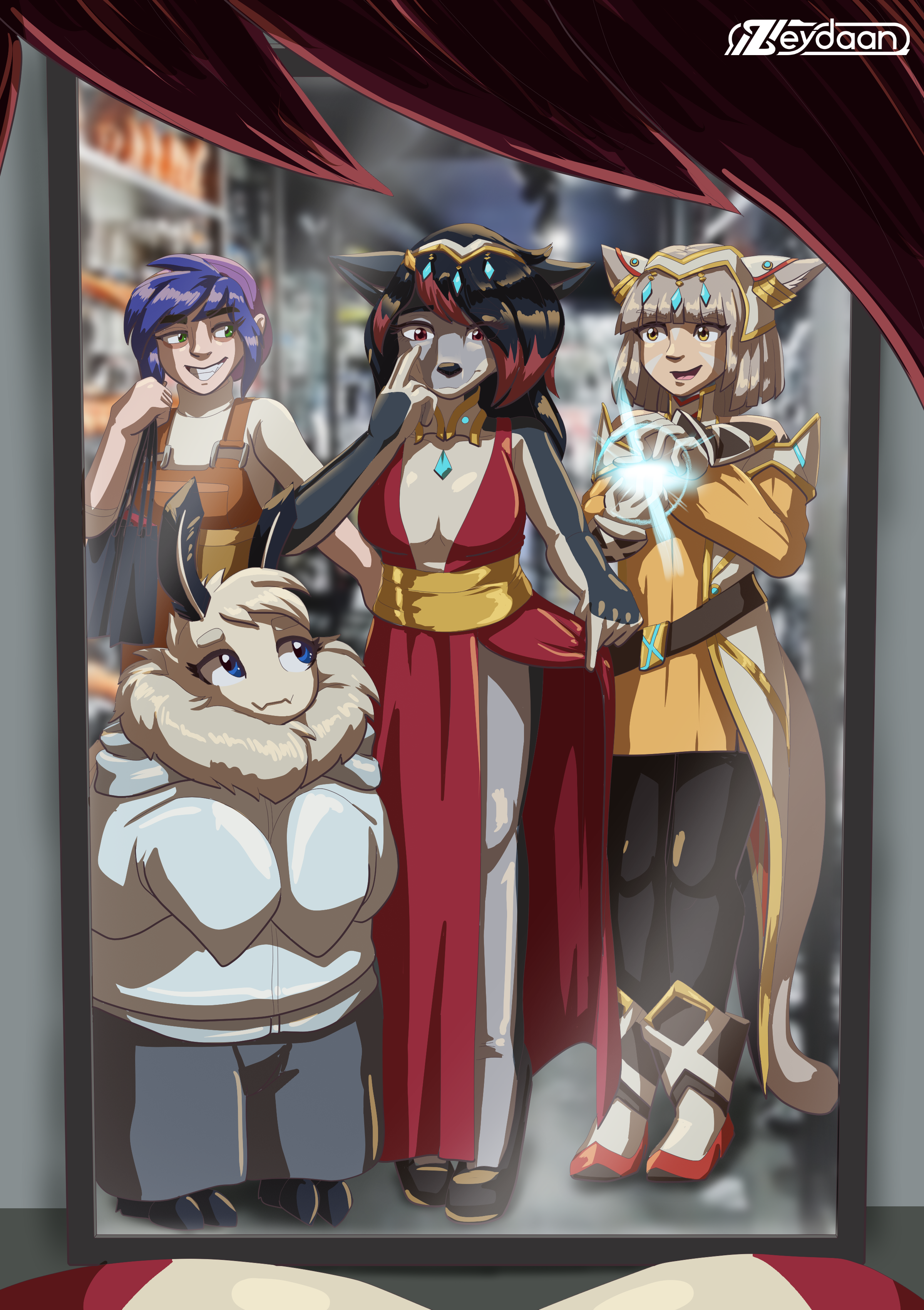 Zeydaan wearing a red dress in a clothes shop, being manifested by Nia, while Grey holds some bags and Bean looks encouraging.