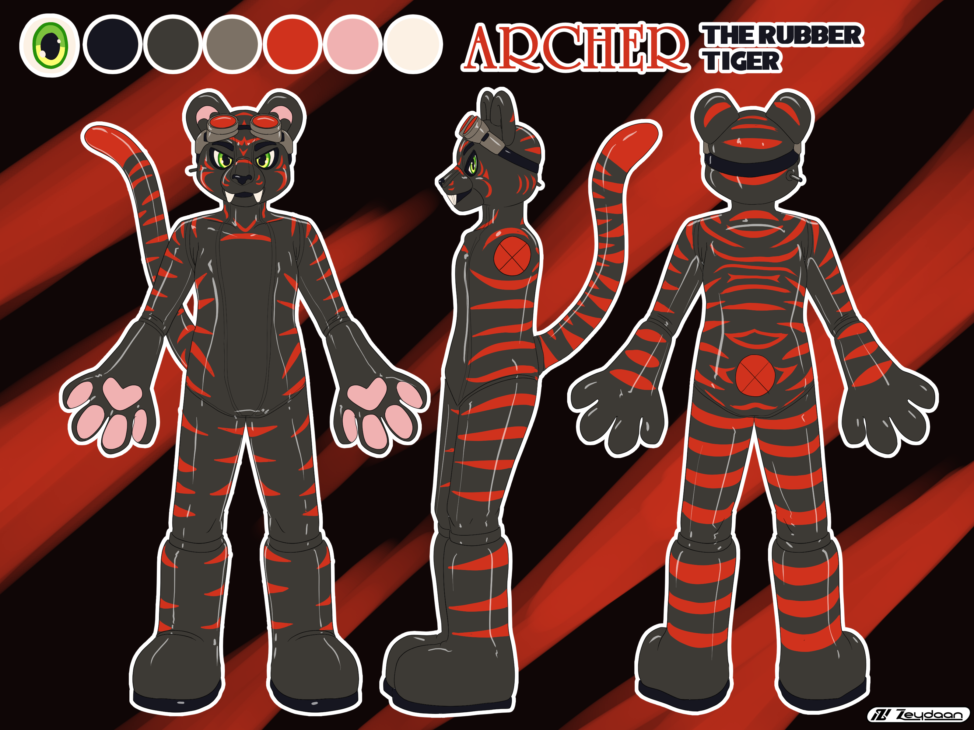 Reference sheet for Archer, the rubber tiger, with a Kariwanz-creations inspired Hood and Paws and red goggles